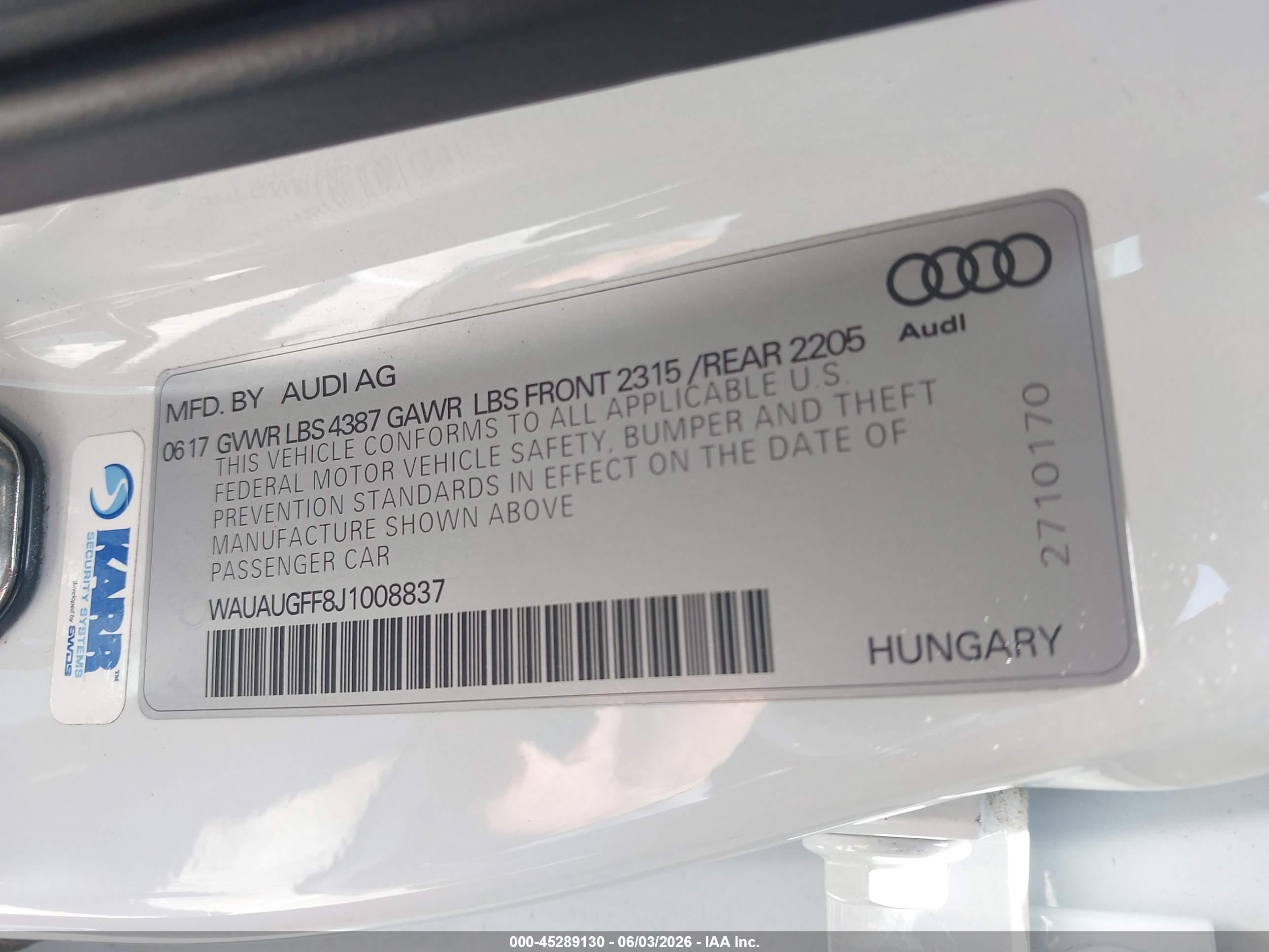 2018 Audi A3 2.0t Premium/2.0t Tech Premium White vin: WAUAUGFF8J1008837