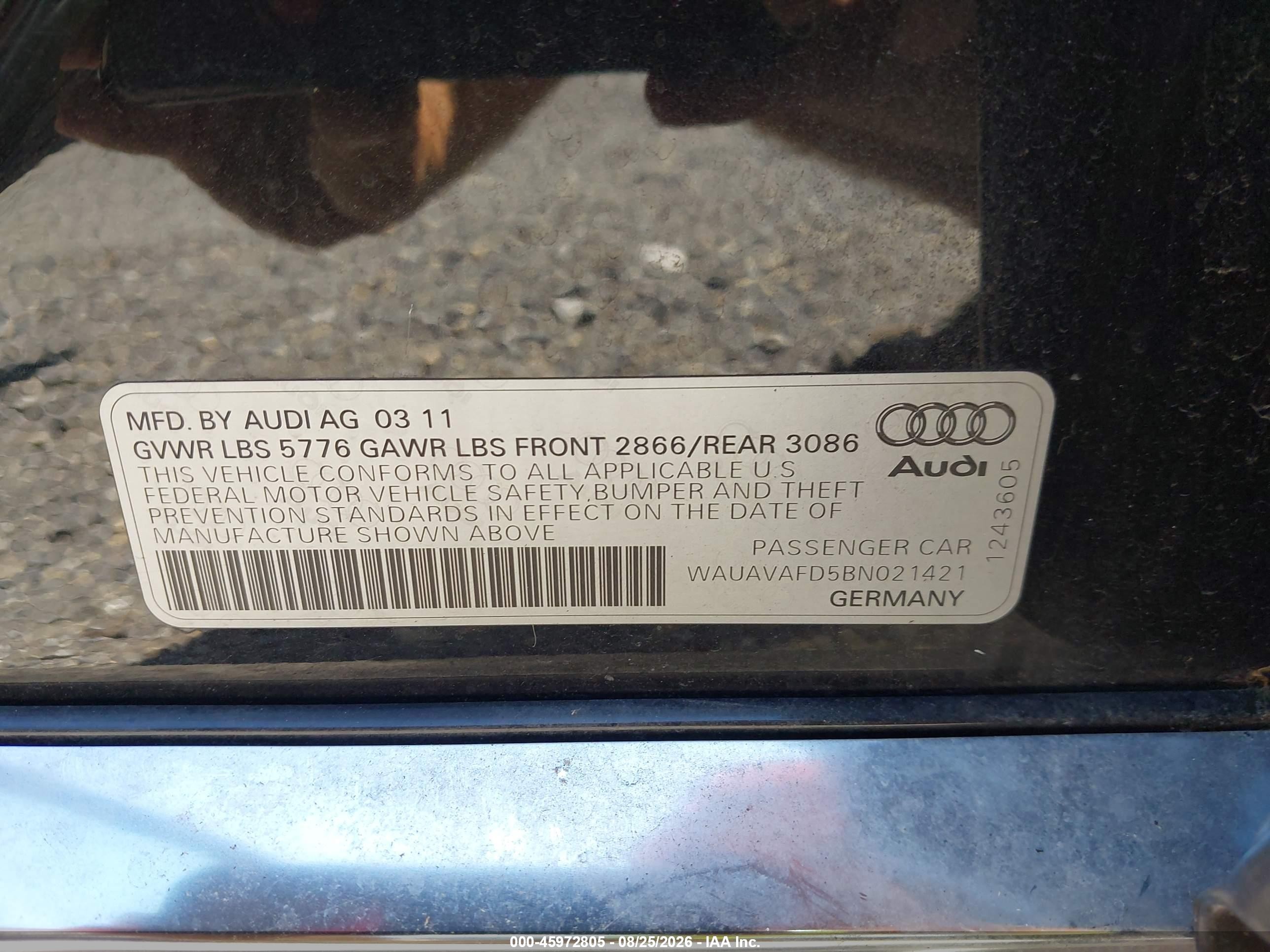2011 Audi A8 4.2 (tiptronic) Черный vin: WAUAVAFD5BN021421