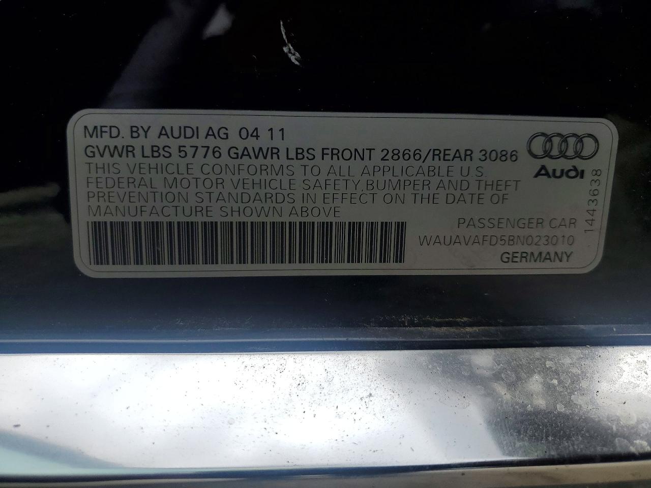 2011 Audi A8 Quattro Black vin: WAUAVAFD5BN023010