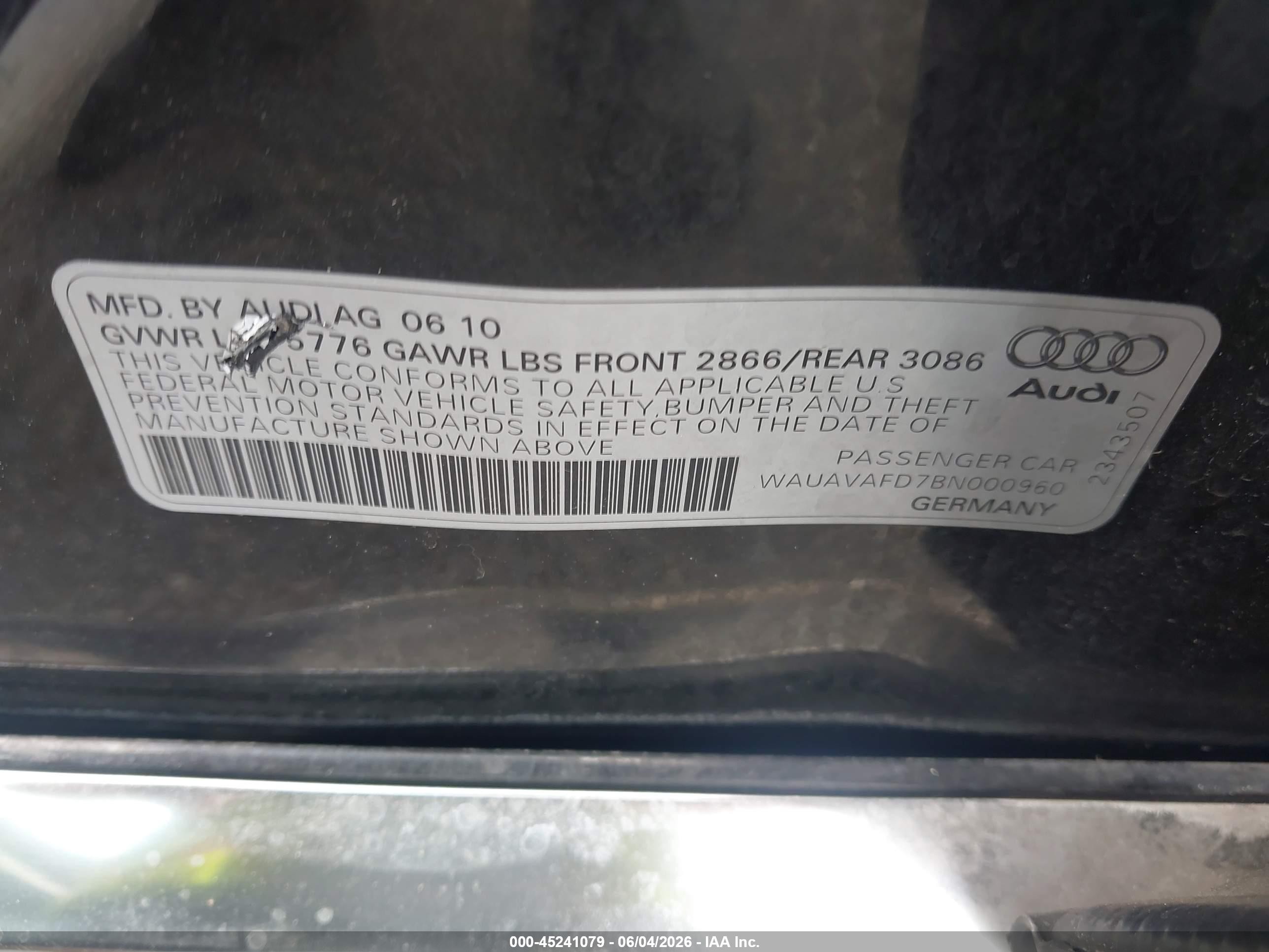 2011 Audi A8 4.2 Black vin: WAUAVAFD7BN000960