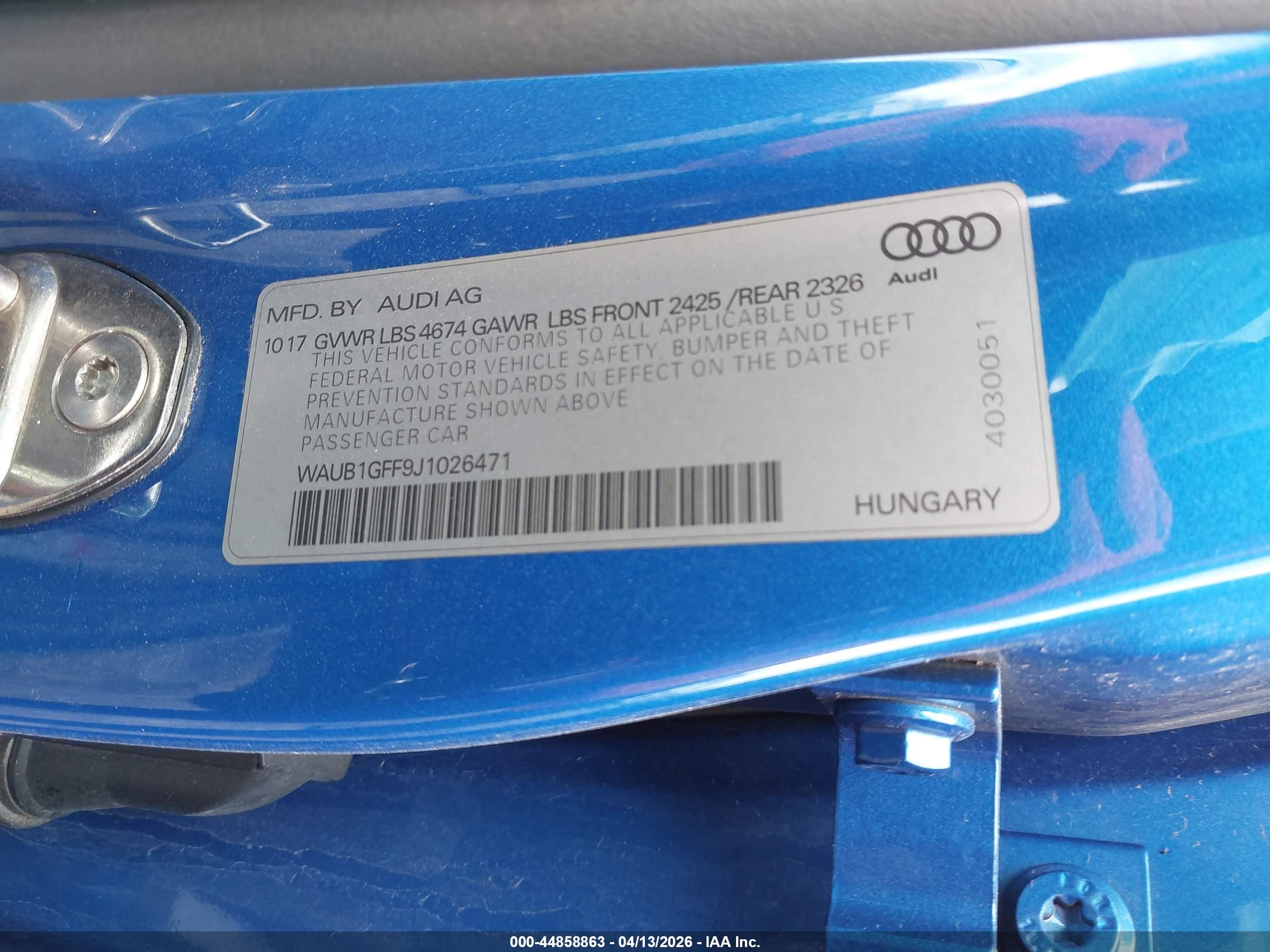 2018 Audi S3 2.0t Premium Plus/2.0t Tech Premium Plus Blue vin: WAUB1GFF9J1026471