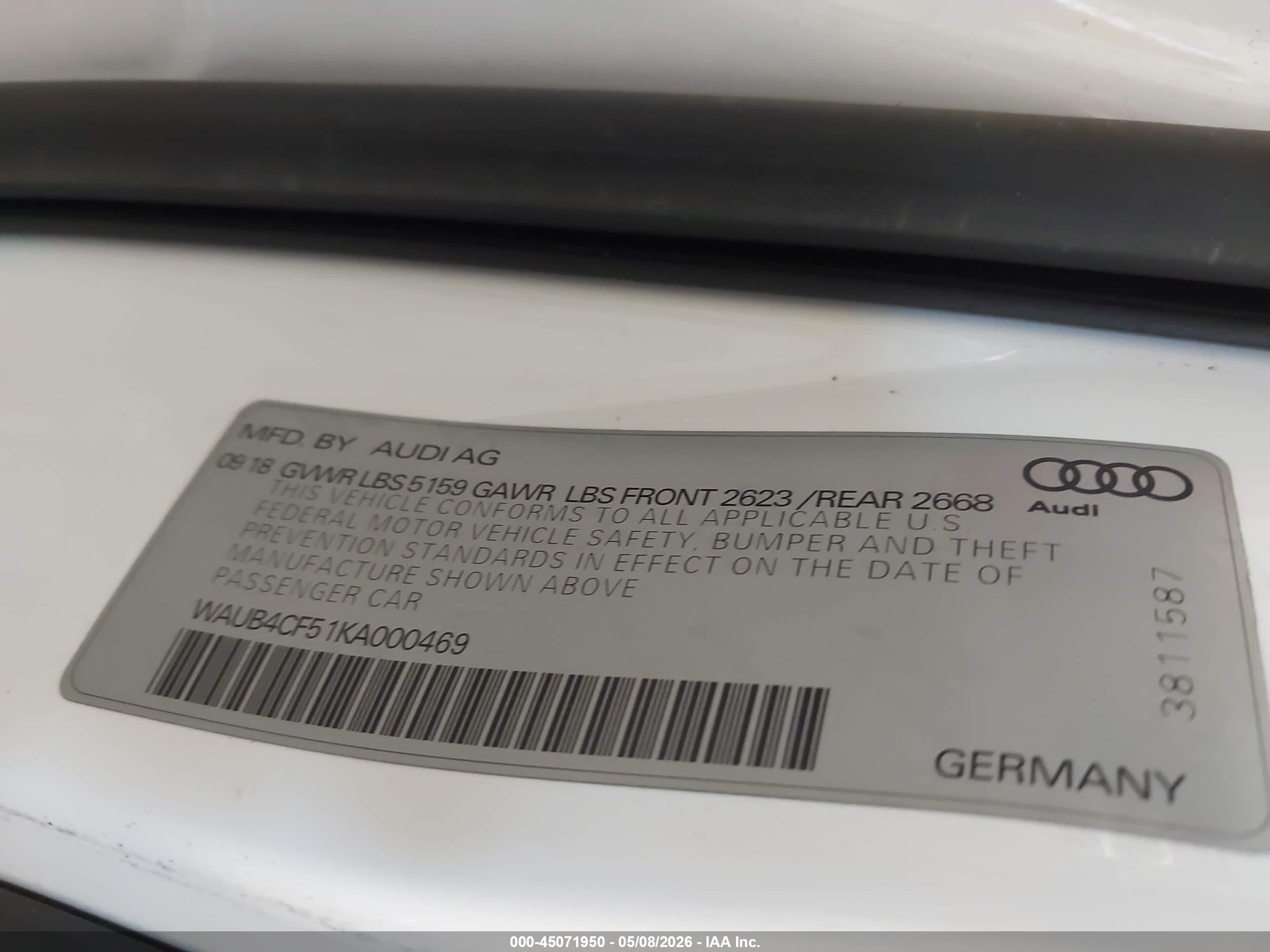 2019 Audi S5 3.0t Premium White vin: WAUB4CF51KA000469