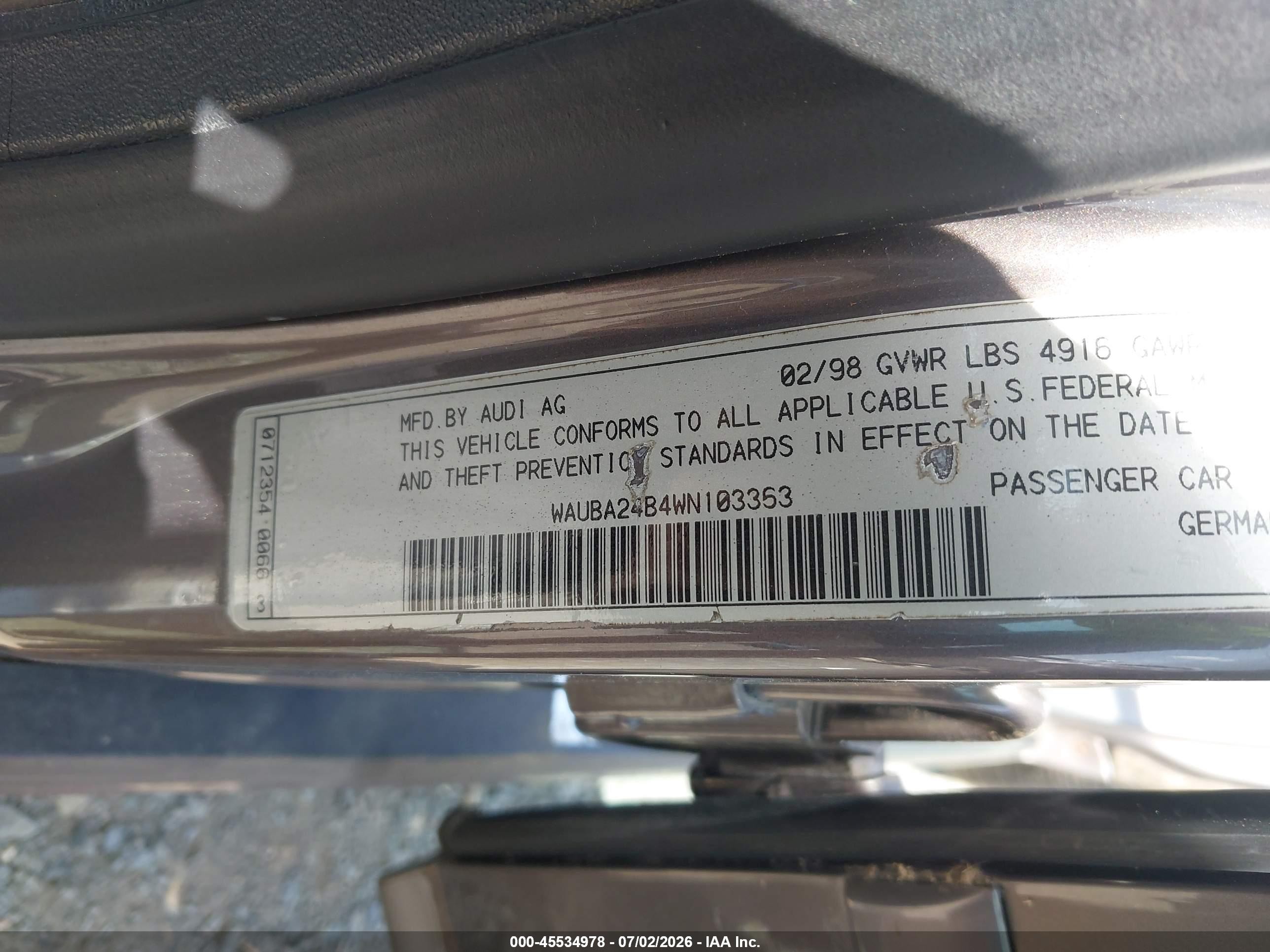 1998 Audi A6   Gray vin: WAUBA24B4WN103363