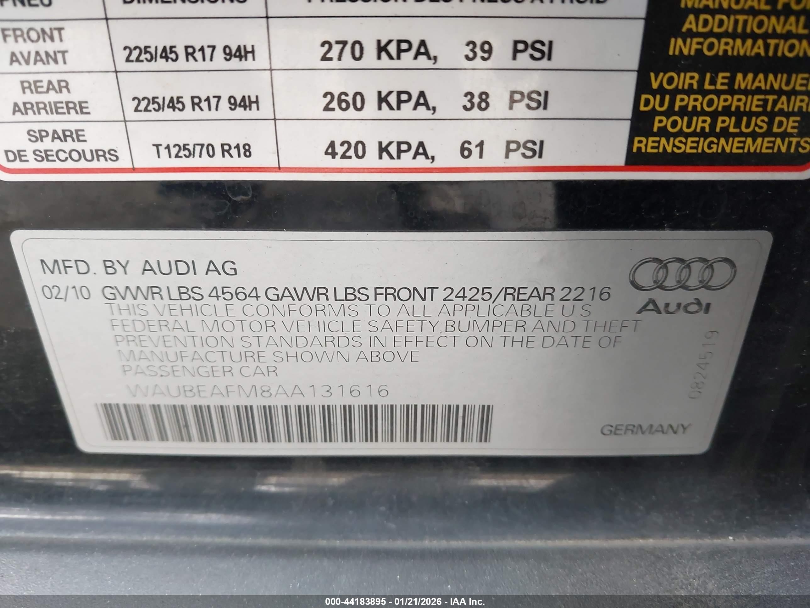 2010 Audi A3 2.0t Premium Black vin: WAUBEAFM8AA131616