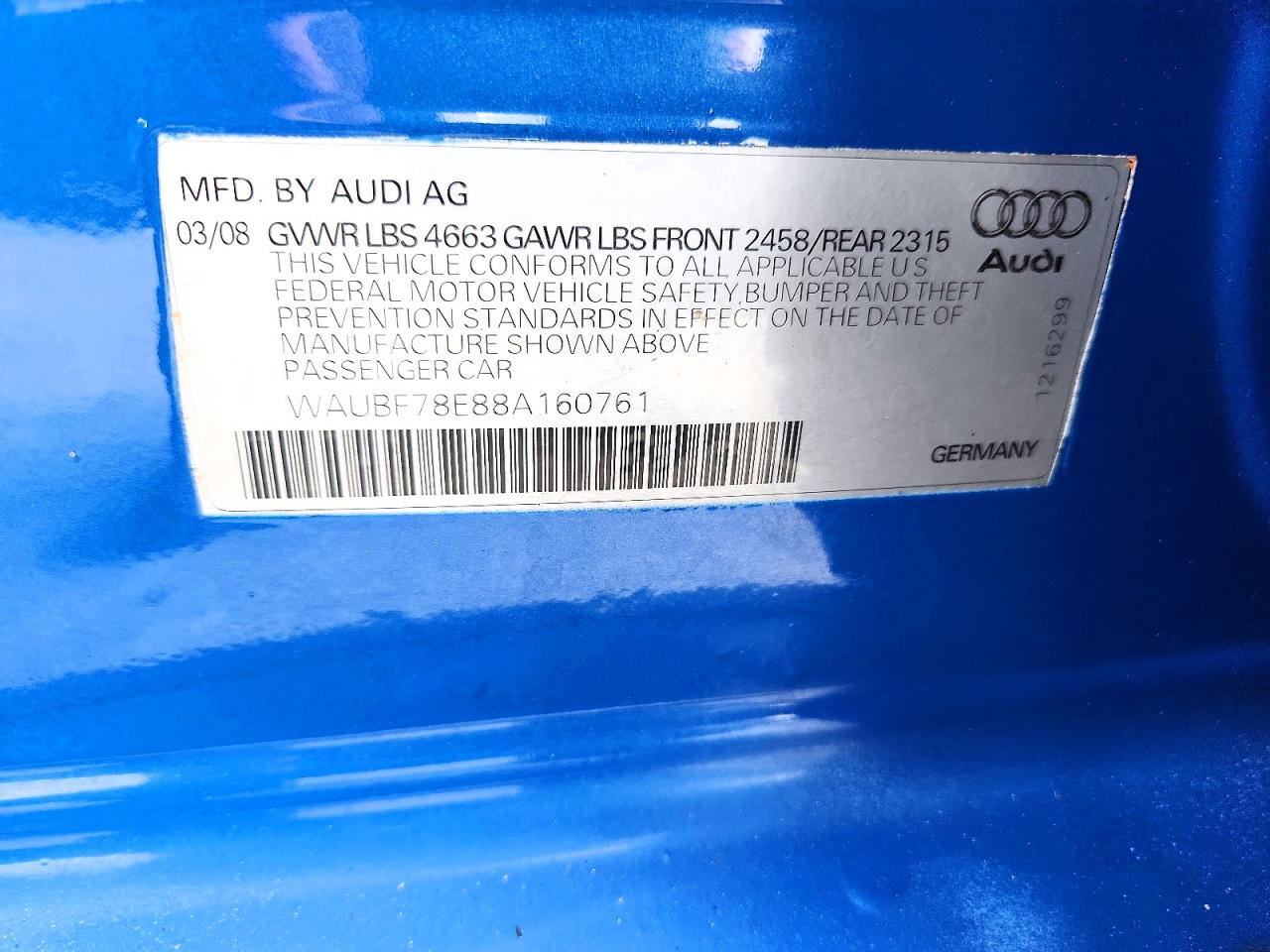 2008 Audi A4 S-line 2.0t Turbo Blue vin: WAUBF78E88A160761