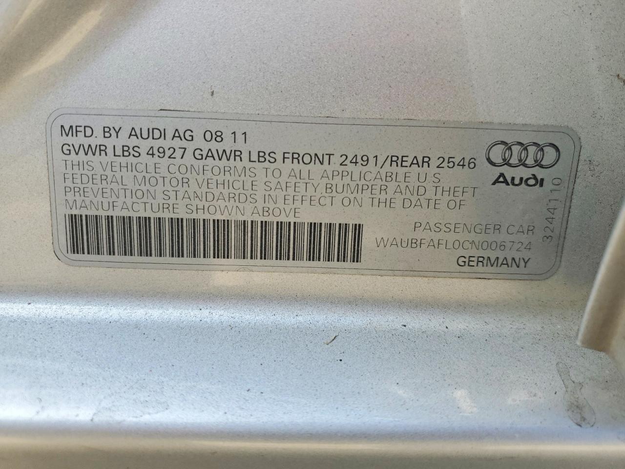 2012 Audi A4 Premium Серебряный vin: WAUBFAFL0CN006724