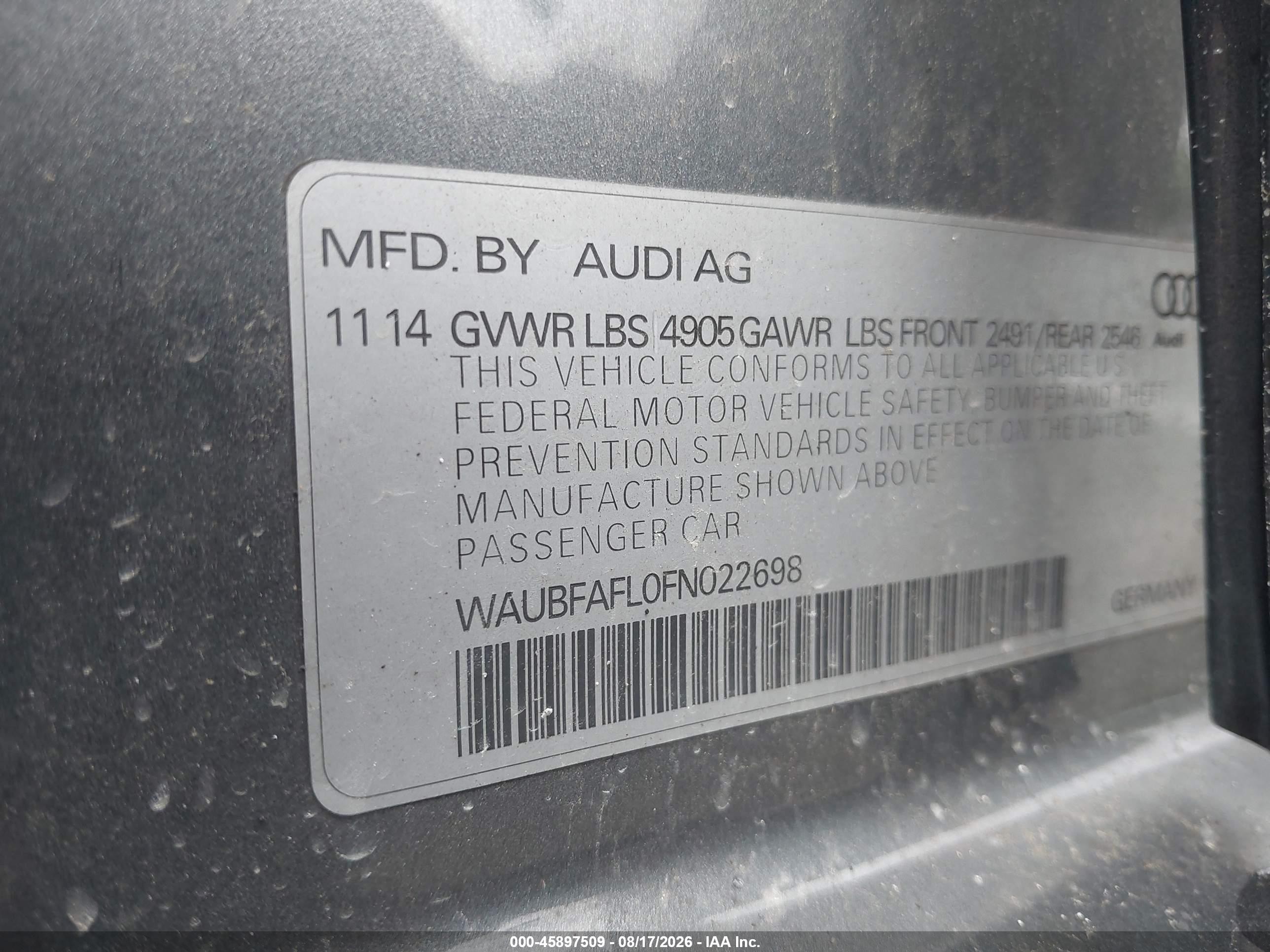2015 Audi A4 2.0t Premium Gray vin: WAUBFAFL0FN022698