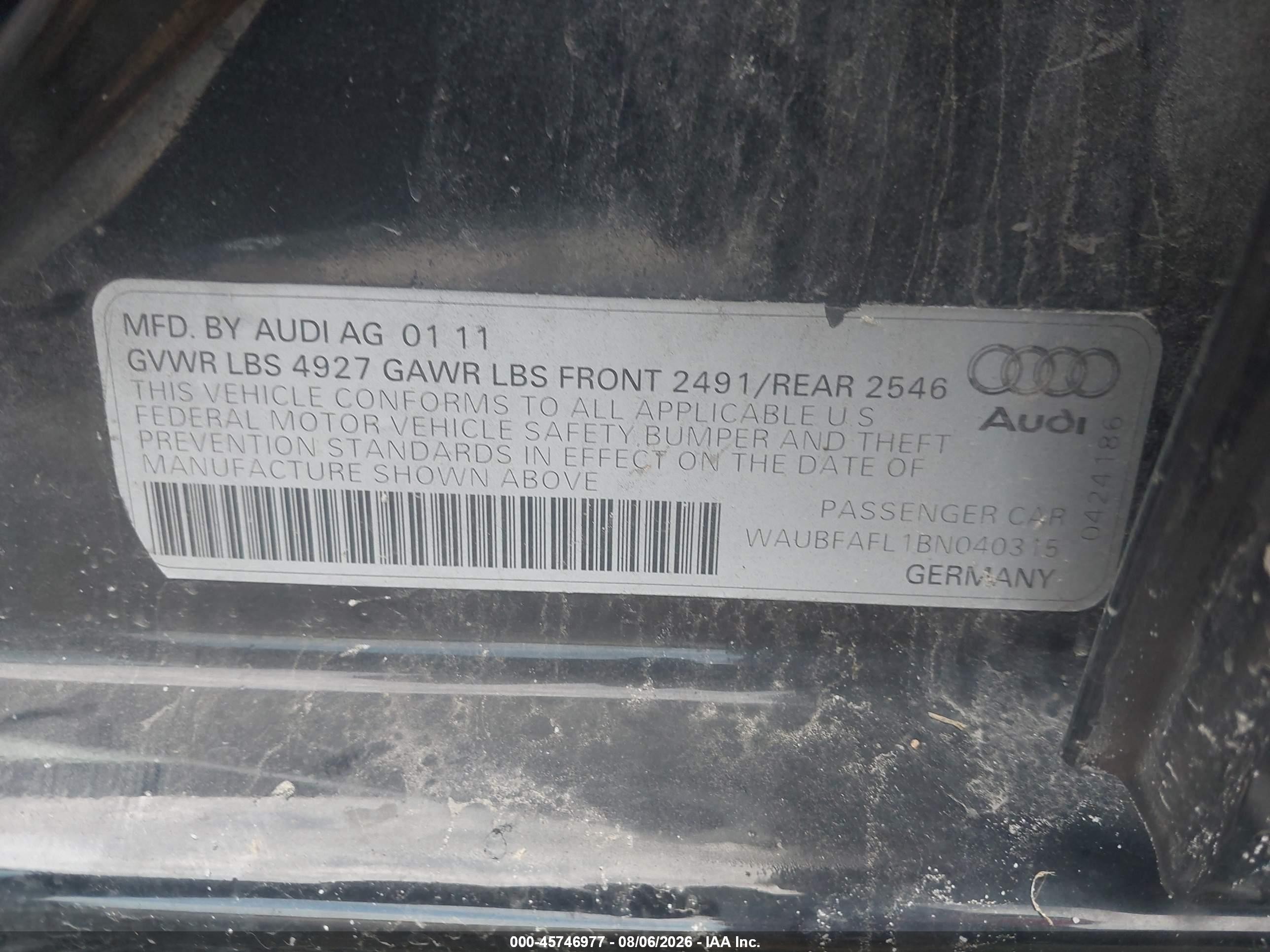 2011 Audi A4 2.0t Premium Черный vin: WAUBFAFL1BN040315