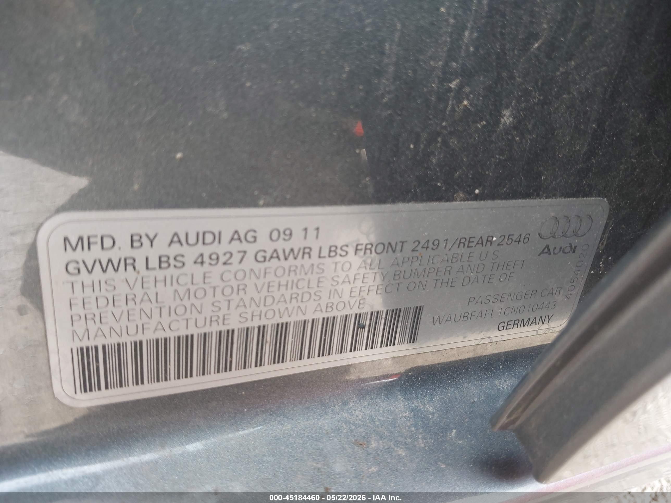2012 Audi A4 2.0t Premium Gray vin: WAUBFAFL1CN010443