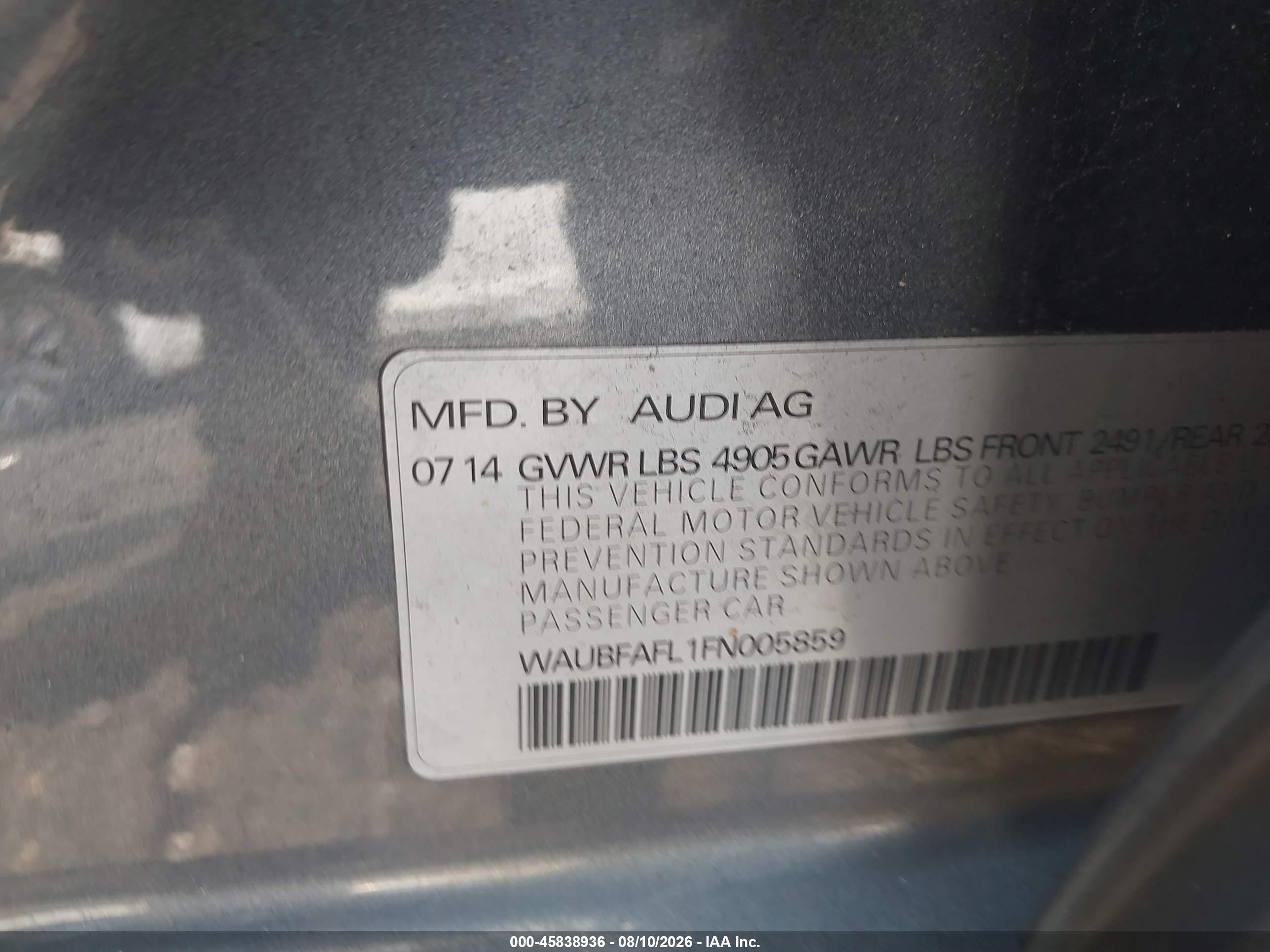2015 Audi A4 2.0t Premium Серый vin: WAUBFAFL1FN005859