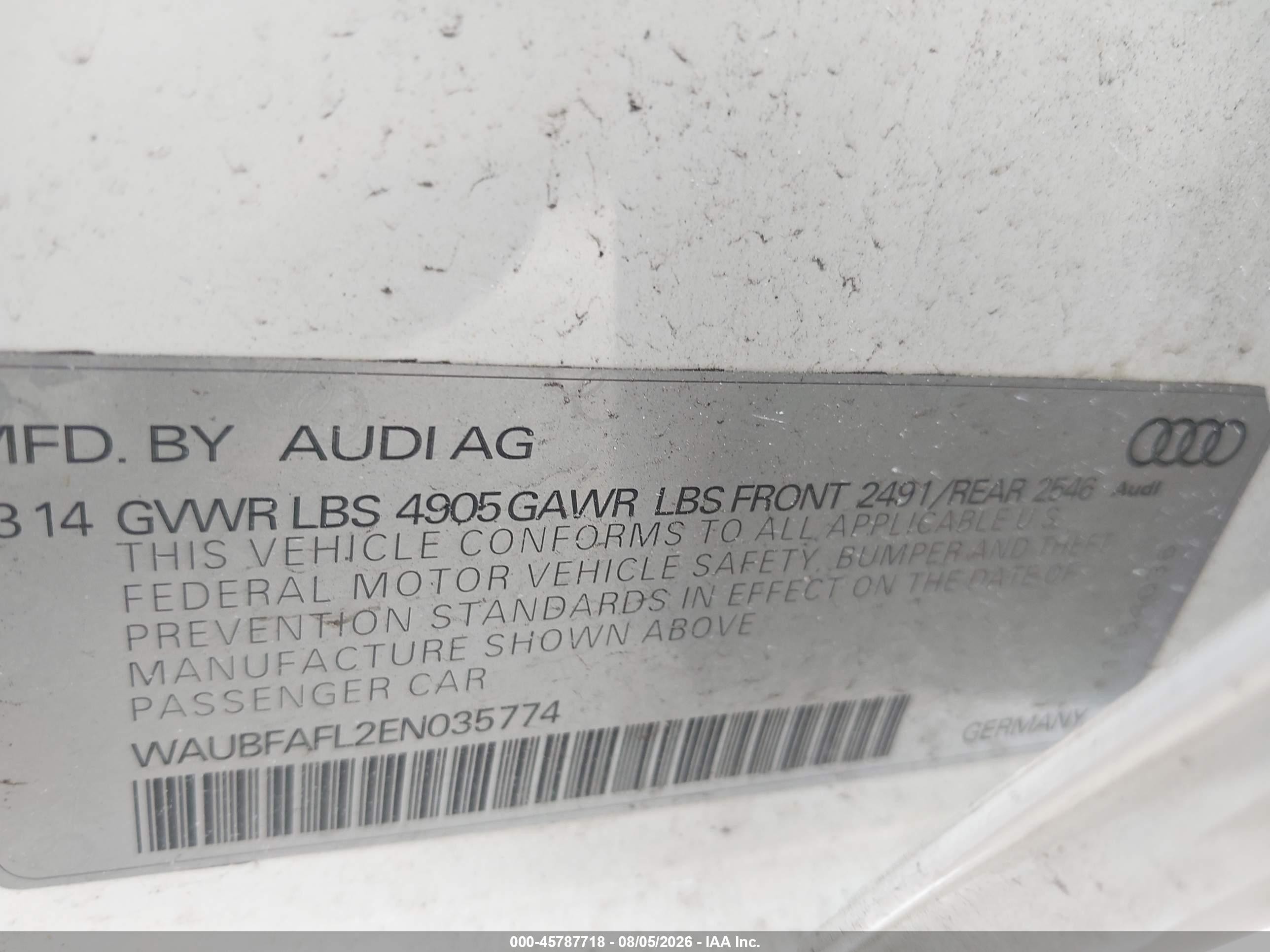 2014 Audi A4 2.0t Premium White vin: WAUBFAFL2EN035774