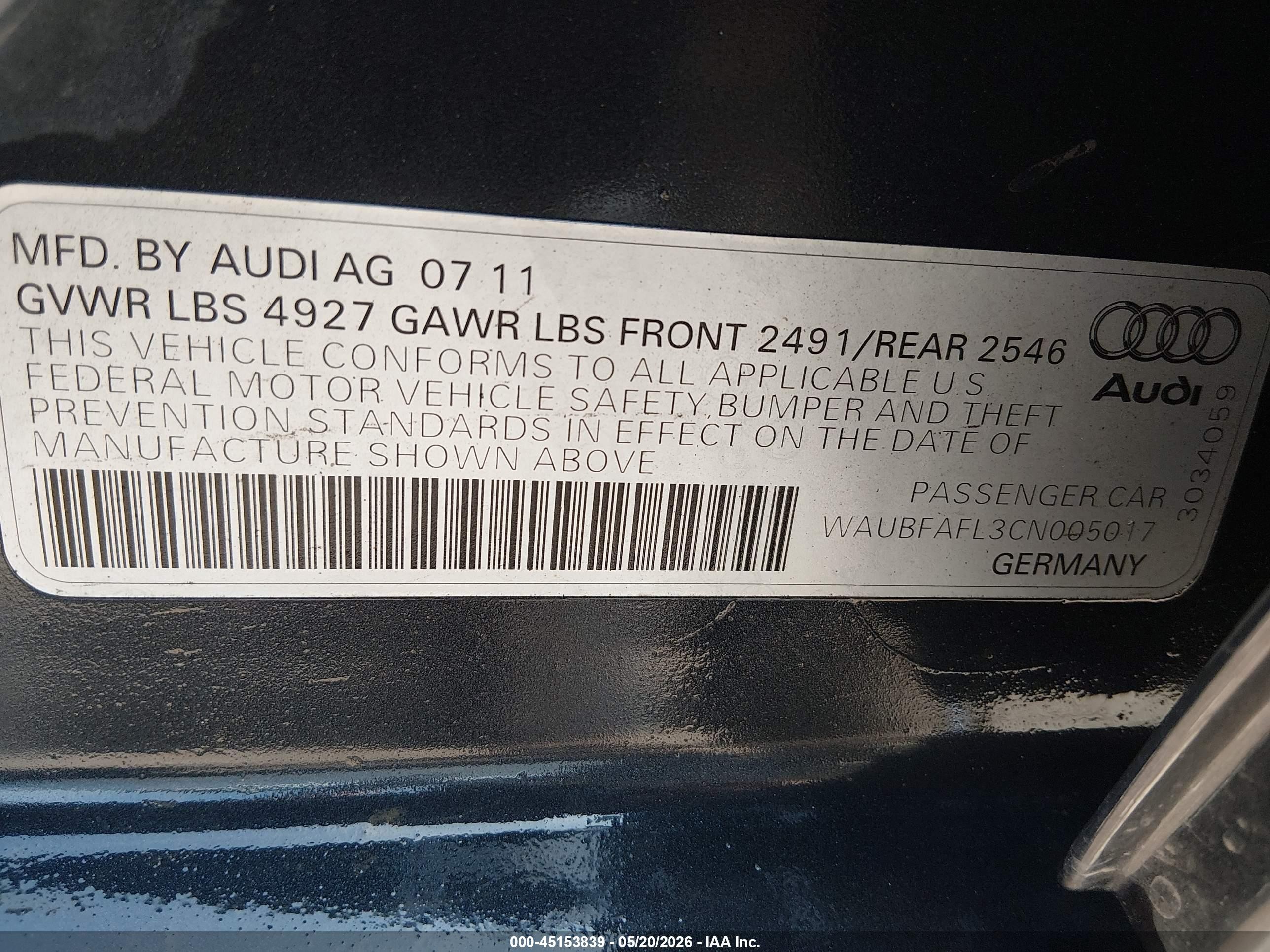 2012 Audi A4 2.0t Premium Dark Blue vin: WAUBFAFL3CN005017