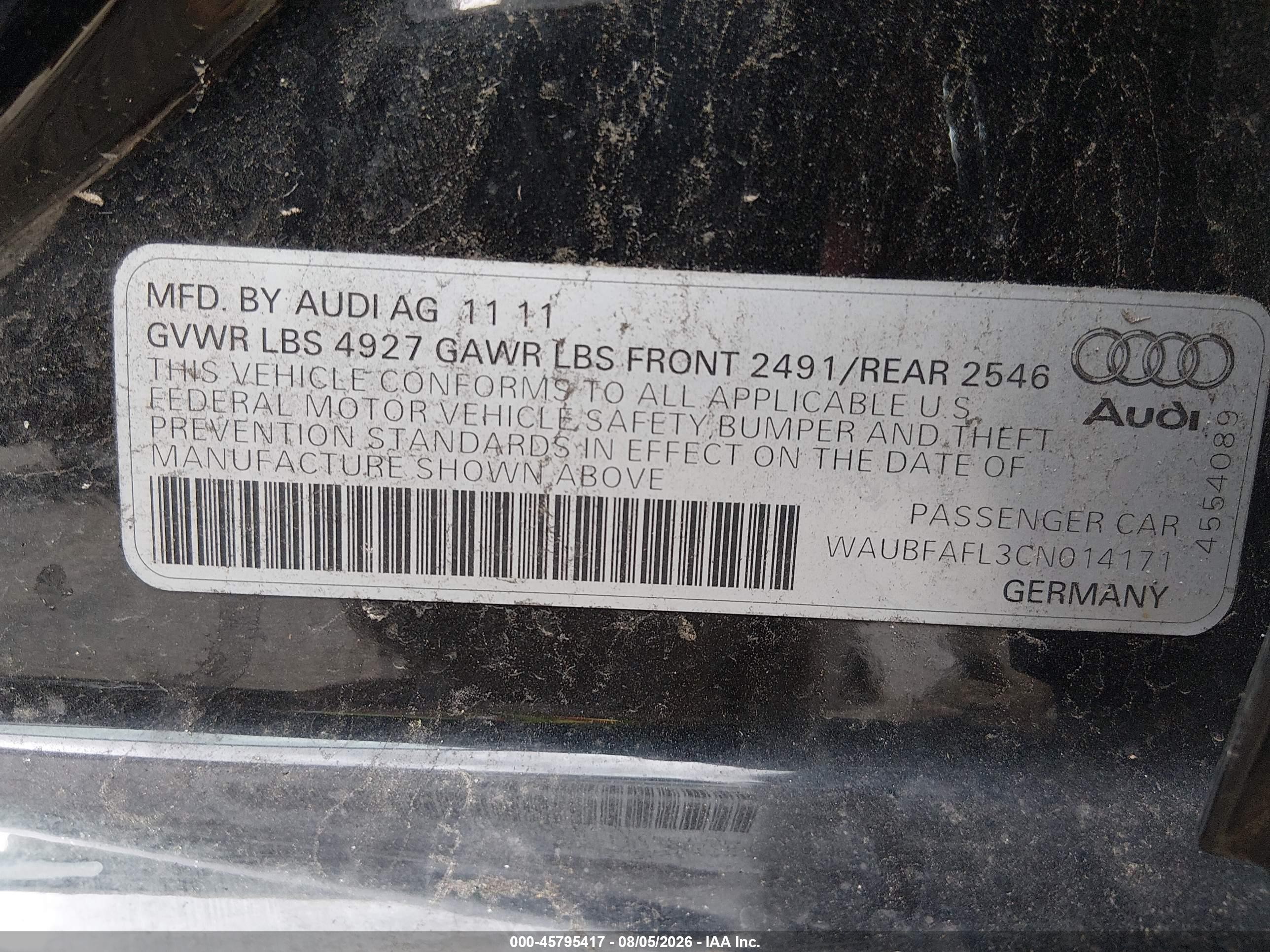 2012 Audi A4 2.0t Premium Black vin: WAUBFAFL3CN014171