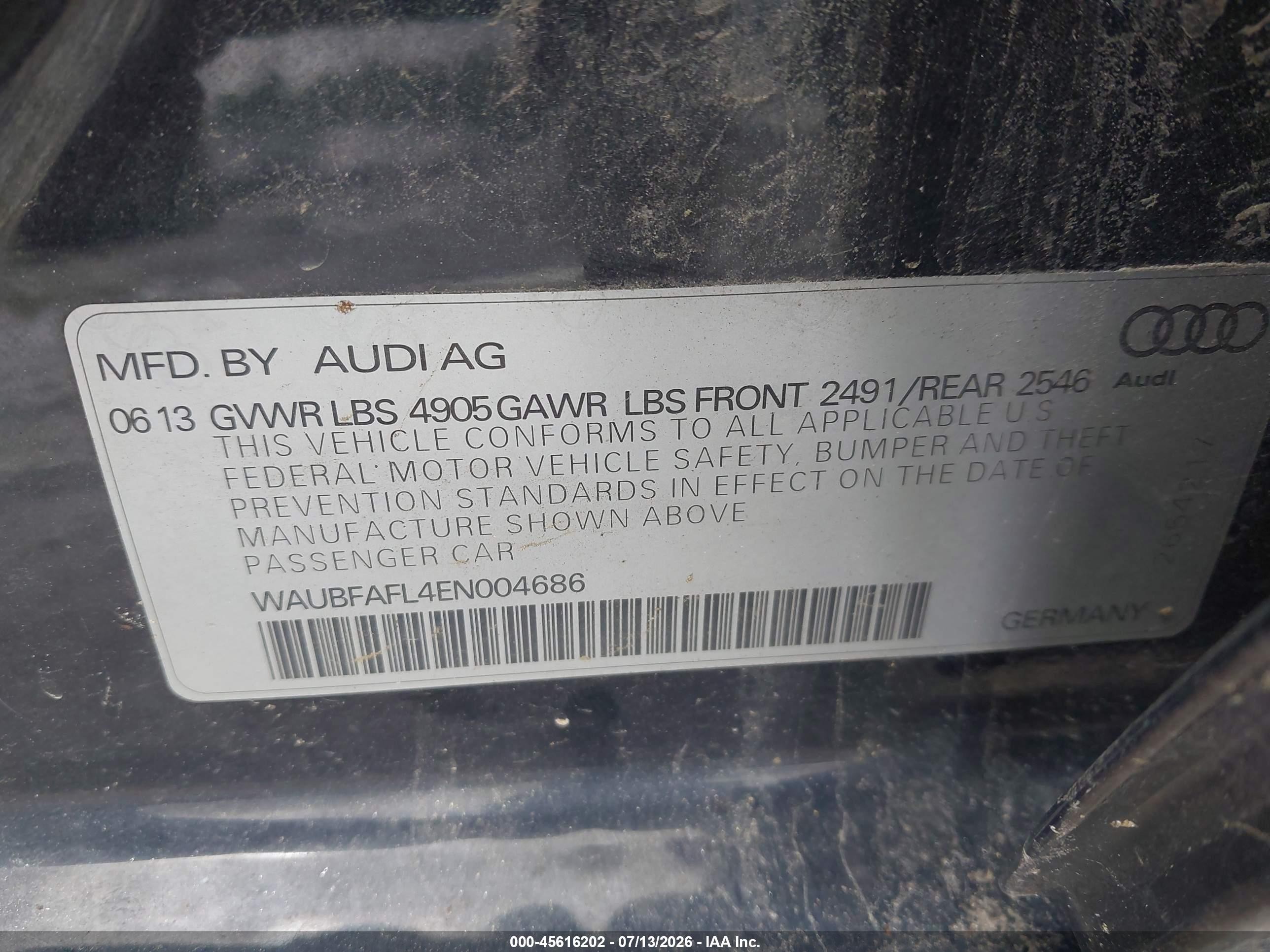 2014 Audi A4 2.0t Premium Black vin: WAUBFAFL4EN004686