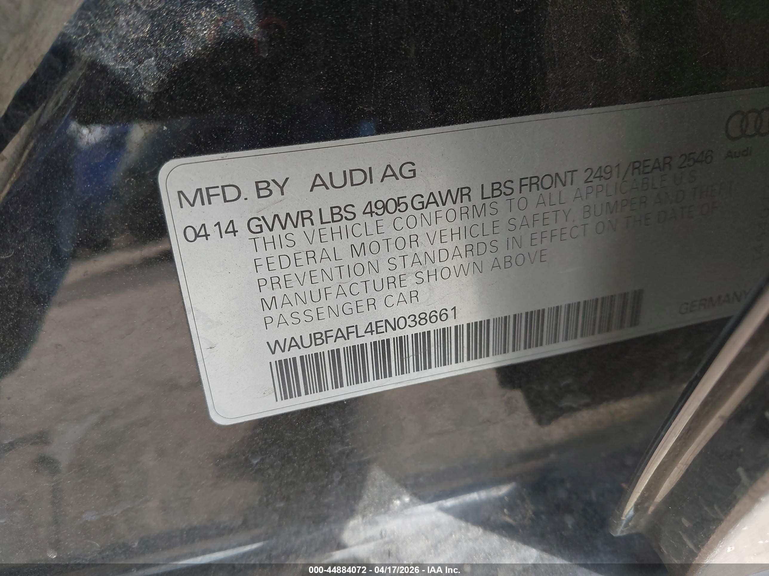 2014 Audi A4 2.0t Premium Black vin: WAUBFAFL4EN038661