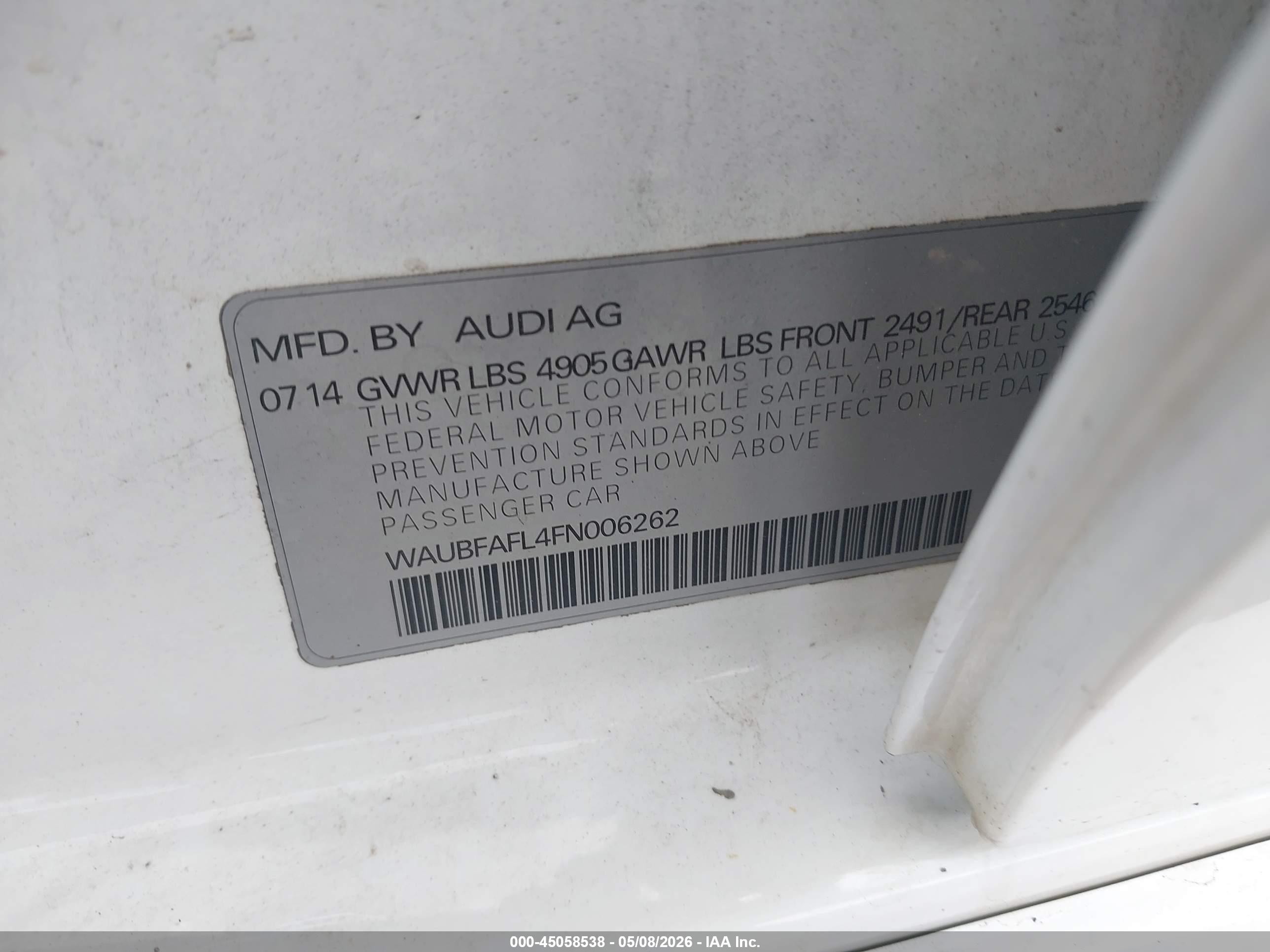 2015 Audi A4 2.0t Premium White vin: WAUBFAFL4FN006262