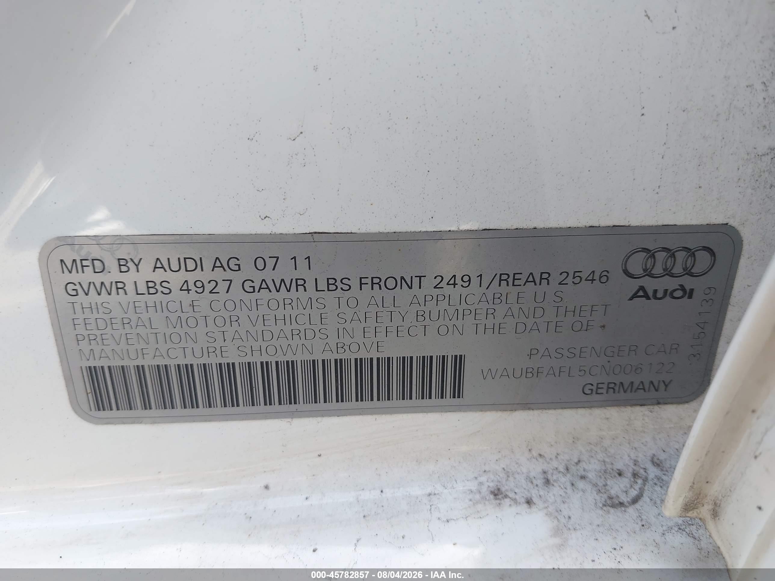 2012 Audi A4 2.0t Premium White vin: WAUBFAFL5CN006122