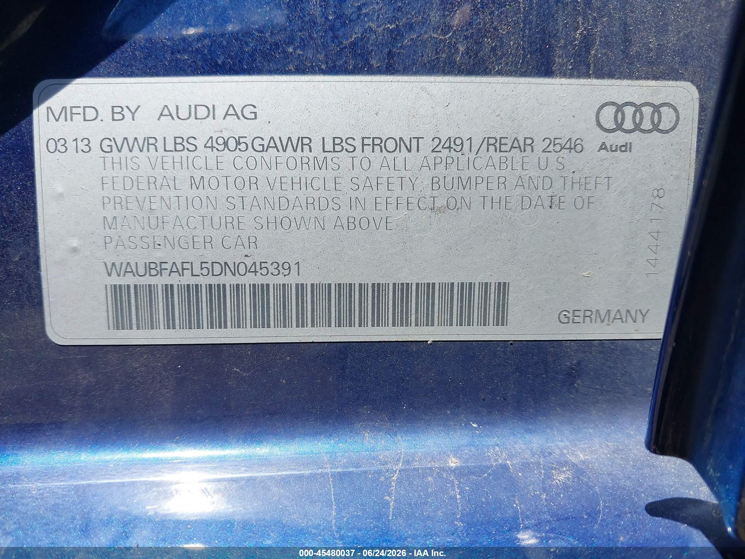 2013 Audi A4 2.0t Premium Blue vin: WAUBFAFL5DN045391