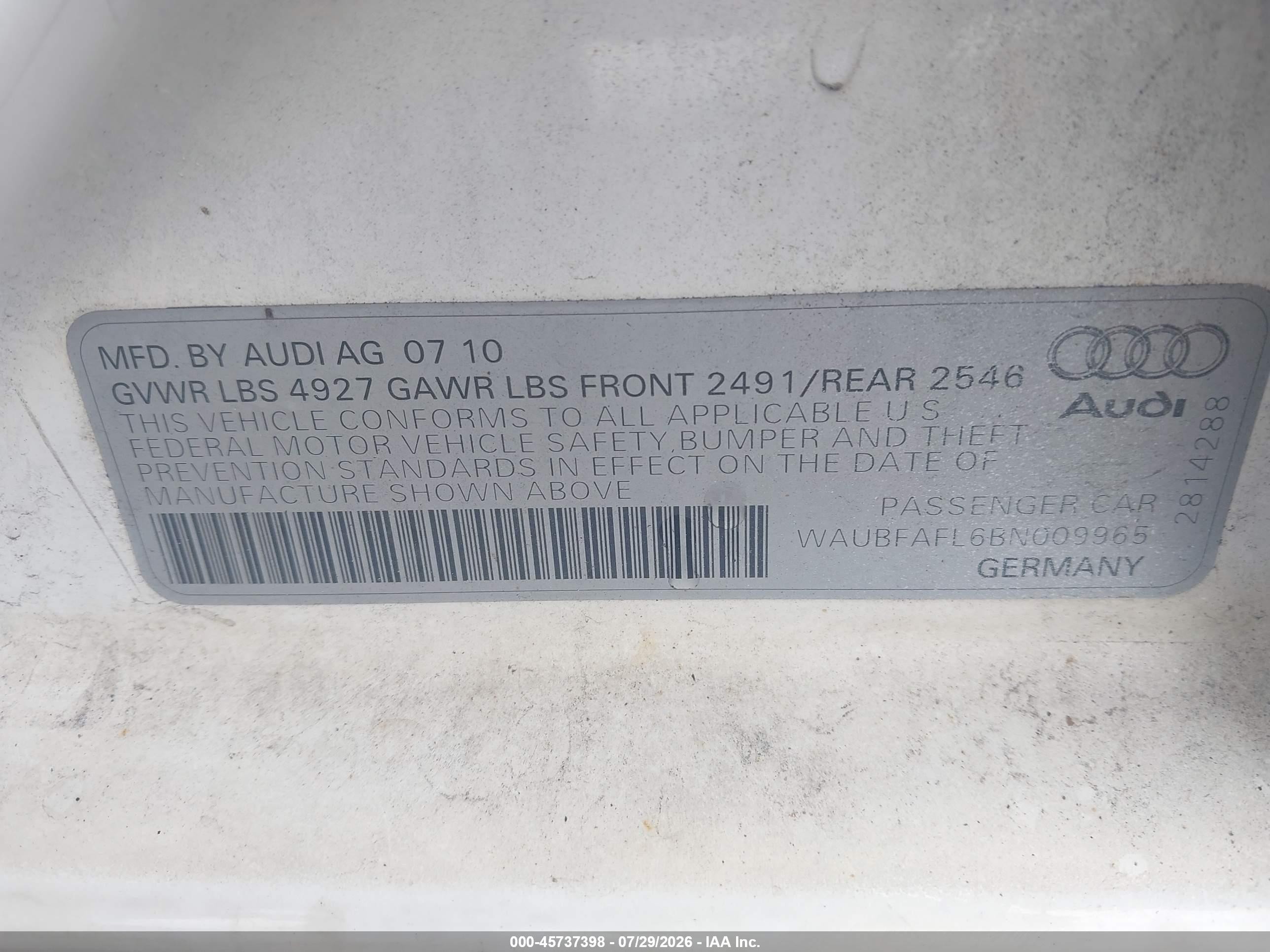 2011 Audi A4 2.0t Premium White vin: WAUBFAFL6BN009965