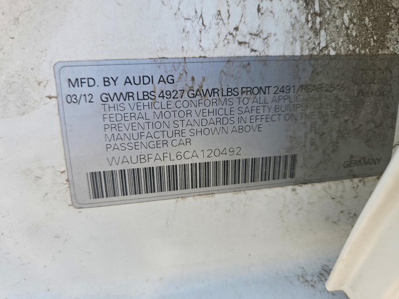 2012 Audi A4 Premium White vin: WAUBFAFL6CA120492