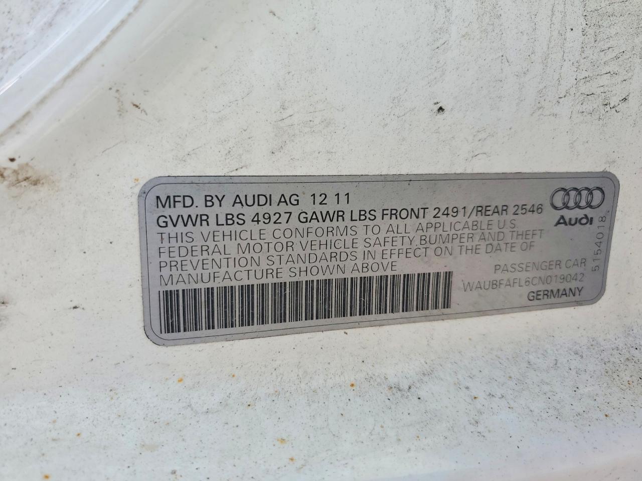 2012 Audi A4 Premium White vin: WAUBFAFL6CN019042