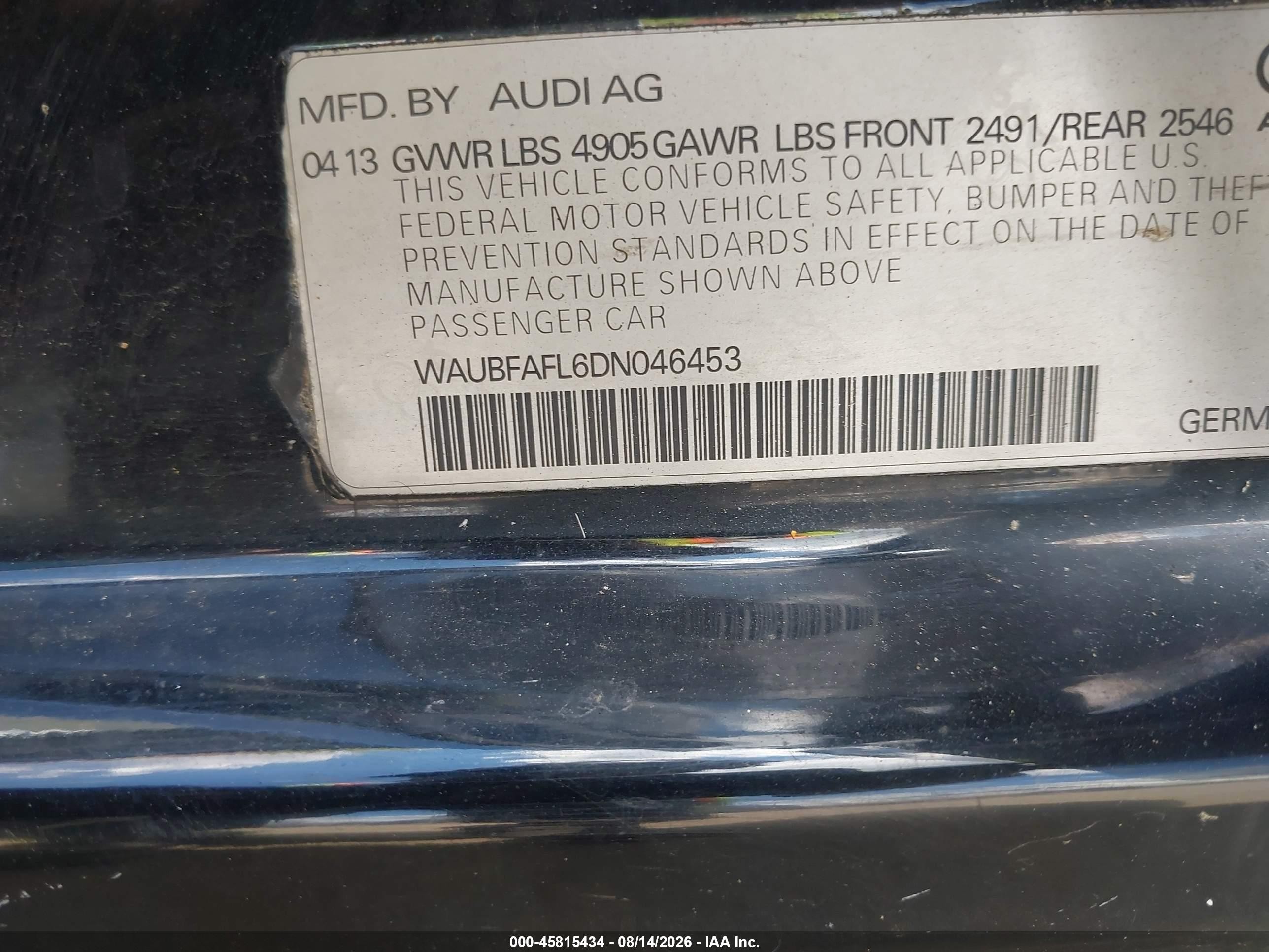2013 Audi A4 2.0t Premium Black vin: WAUBFAFL6DN046453