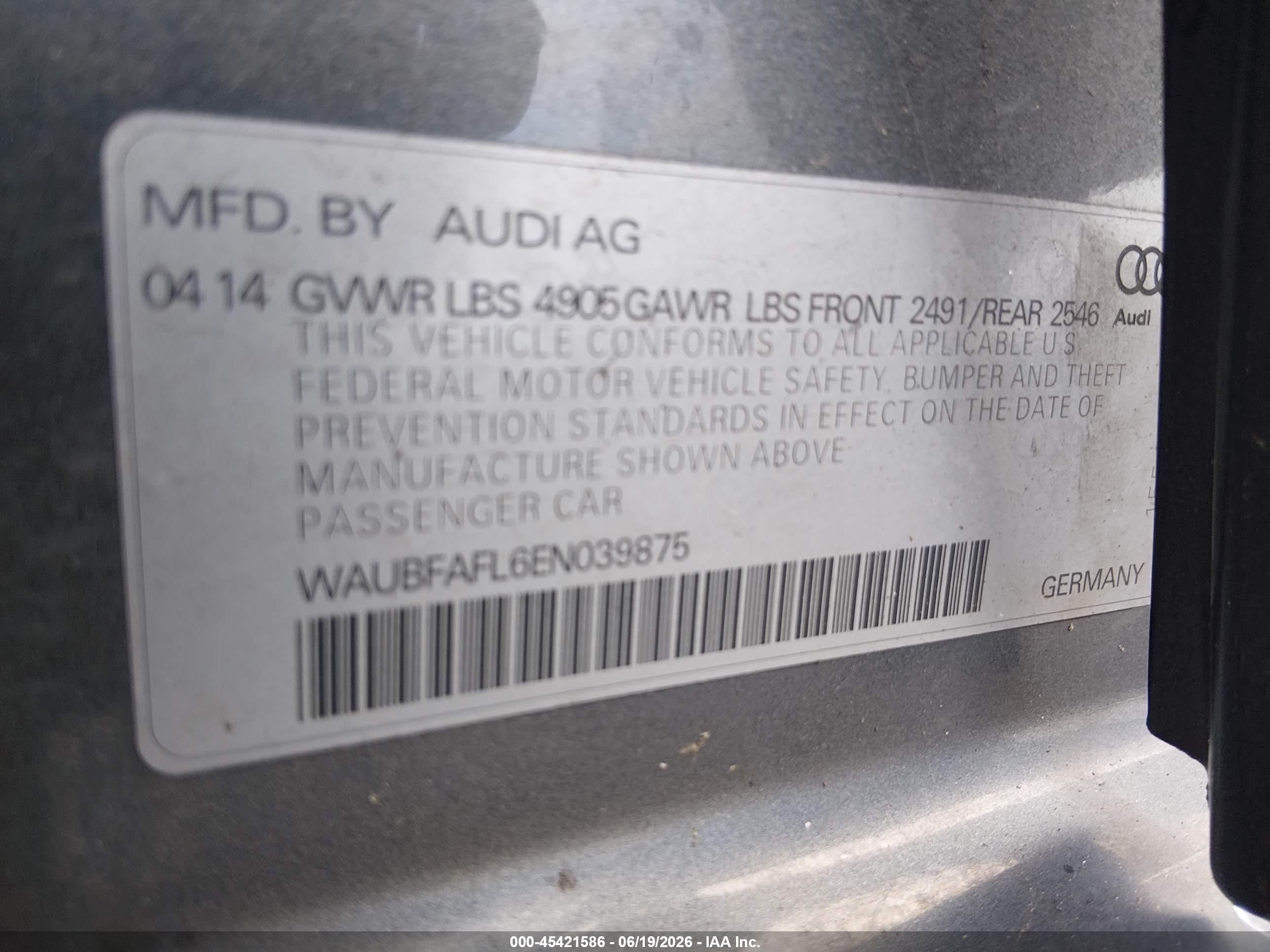 2014 Audi A4 2.0t Premium Gray vin: WAUBFAFL6EN039875