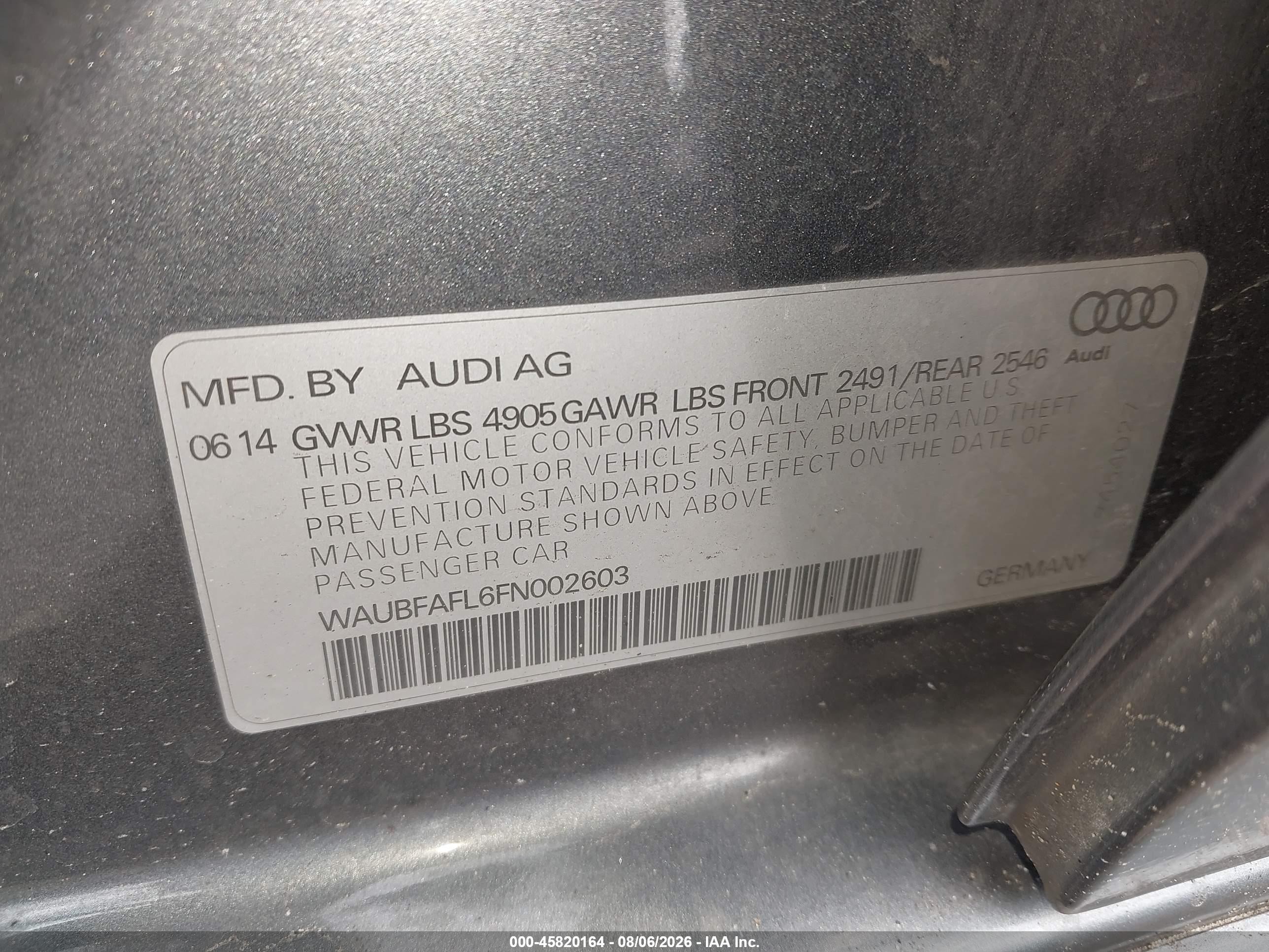 2015 Audi A4 2.0t Premium Gray vin: WAUBFAFL6FN002603