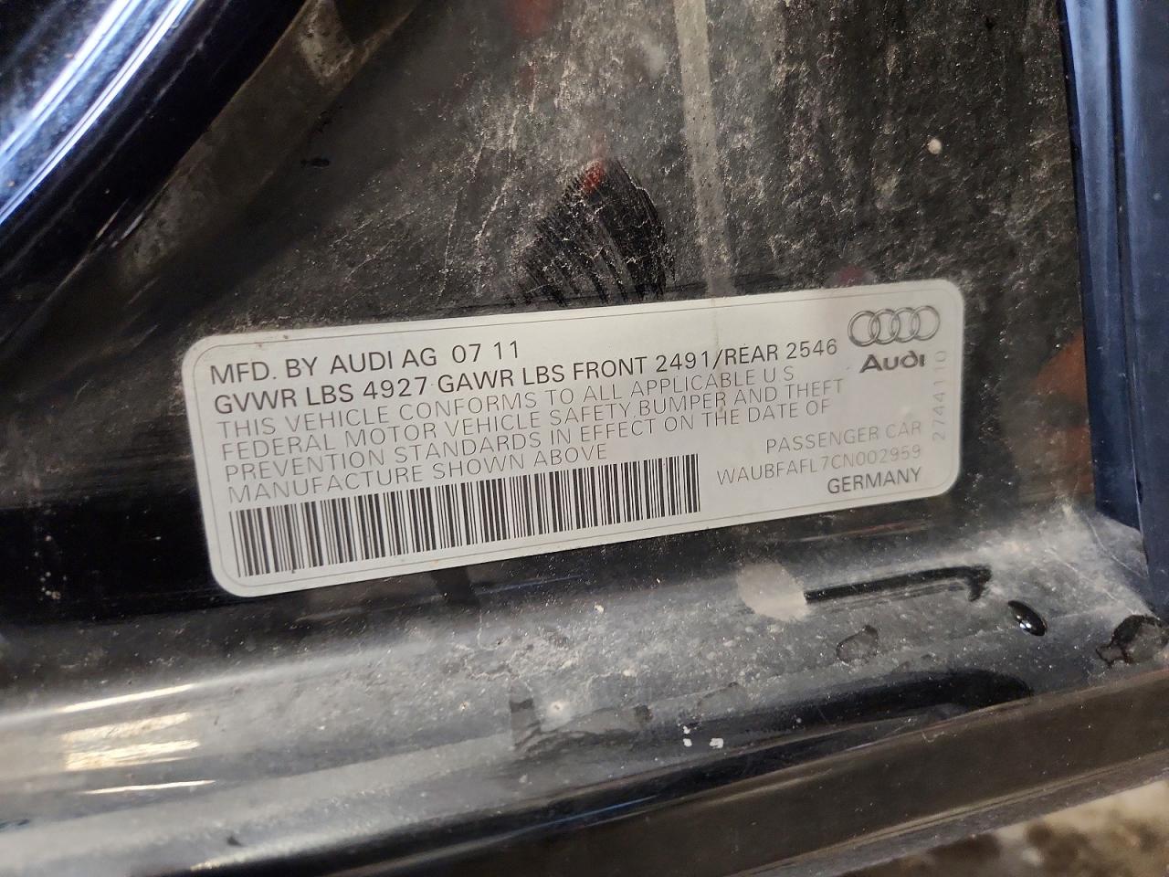 2012 Audi A4 Premium Black vin: WAUBFAFL7CN002959
