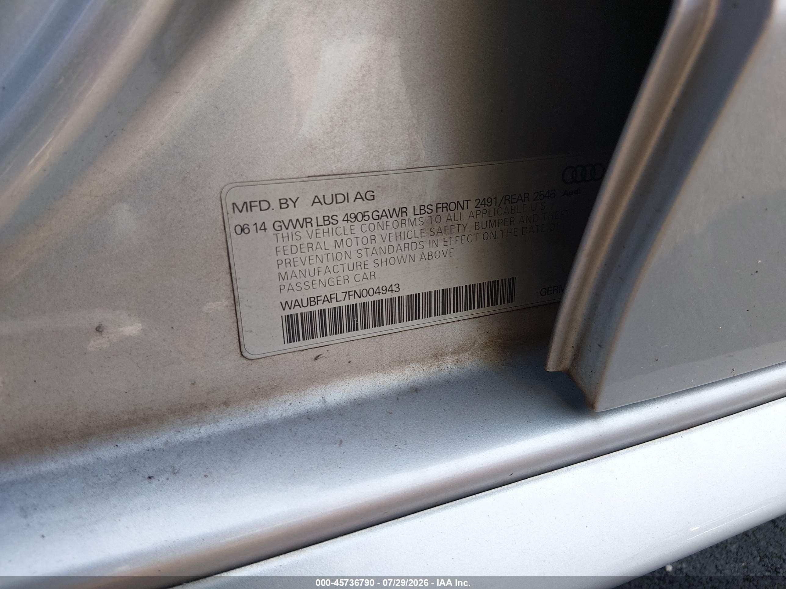 2015 Audi A4 2.0t Premium Silver vin: WAUBFAFL7FN004943