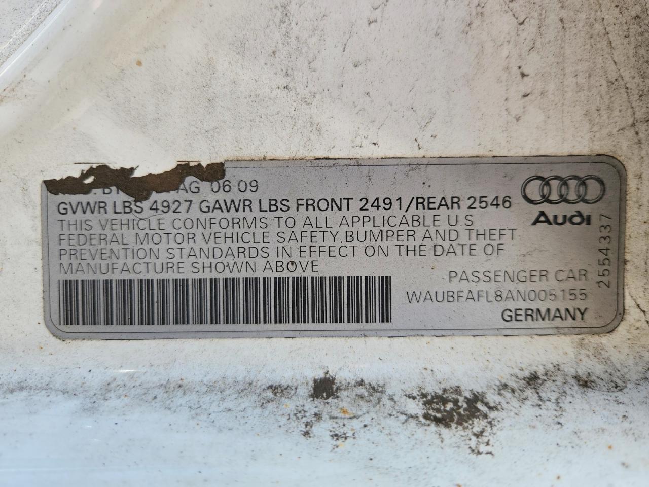 2010 Audi A4 2.0t White vin: WAUBFAFL8AN005155