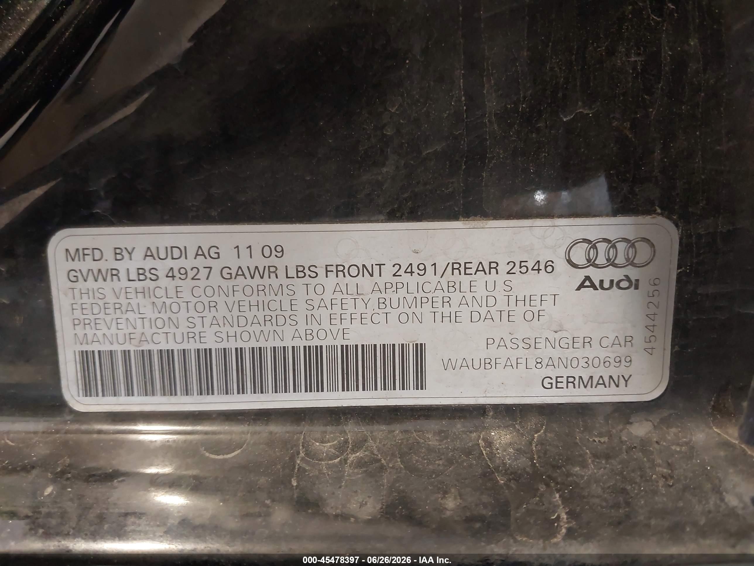 2010 Audi A4 2.0t Premium Black vin: WAUBFAFL8AN030699