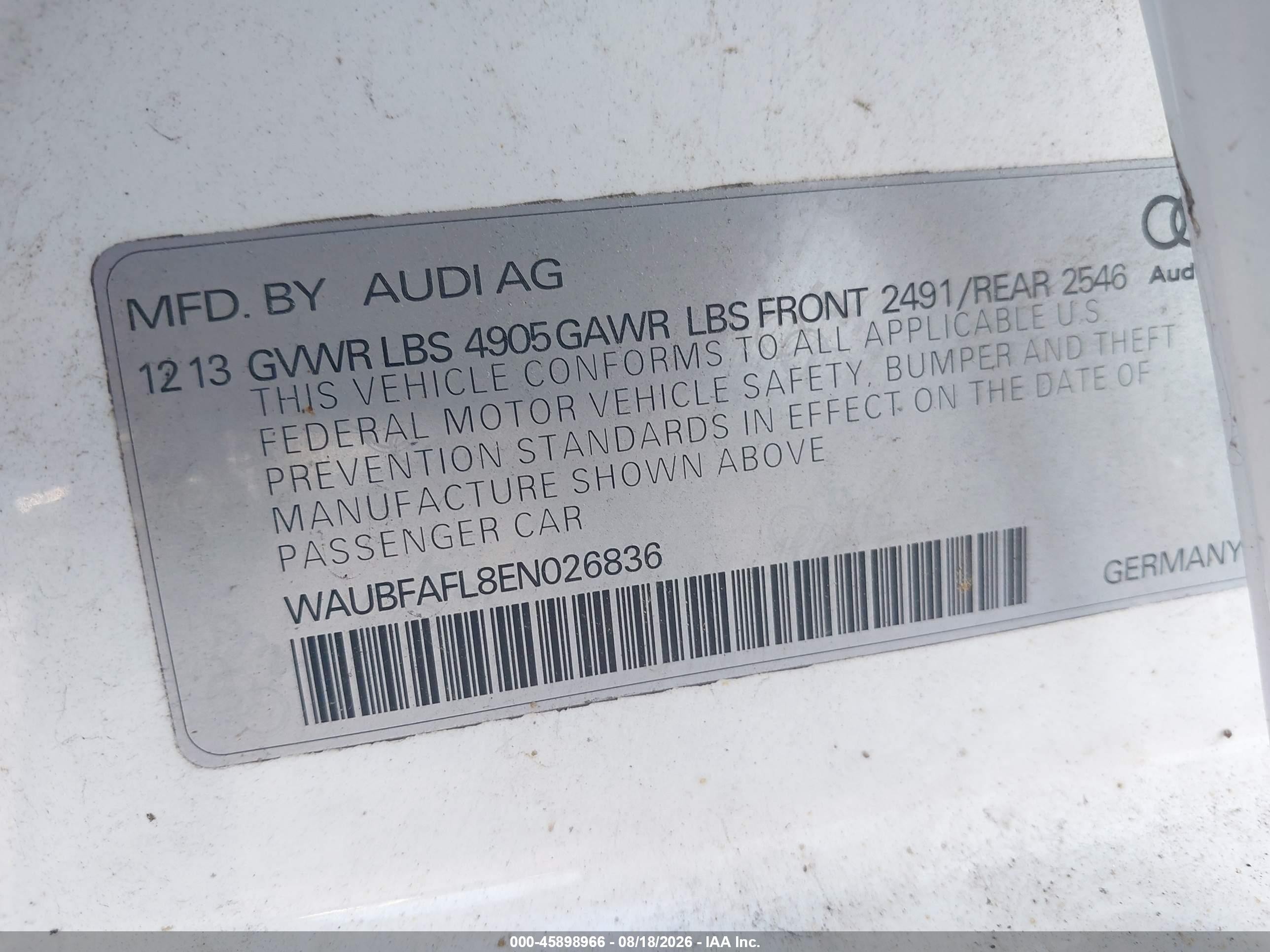 2014 Audi A4 2.0t Premium White vin: WAUBFAFL8EN026836