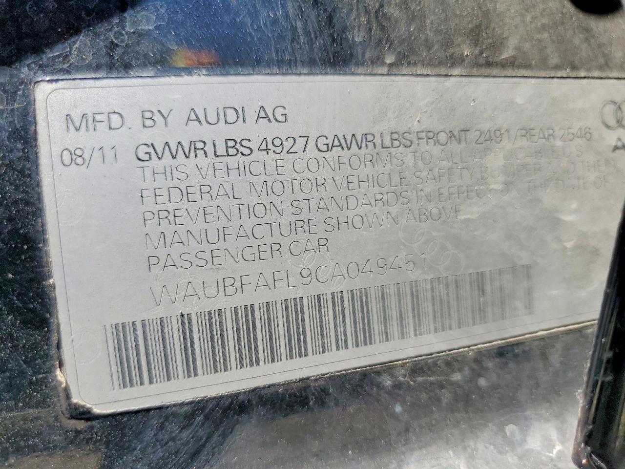 2012 Audi A4 Premium Black vin: WAUBFAFL9CA049451