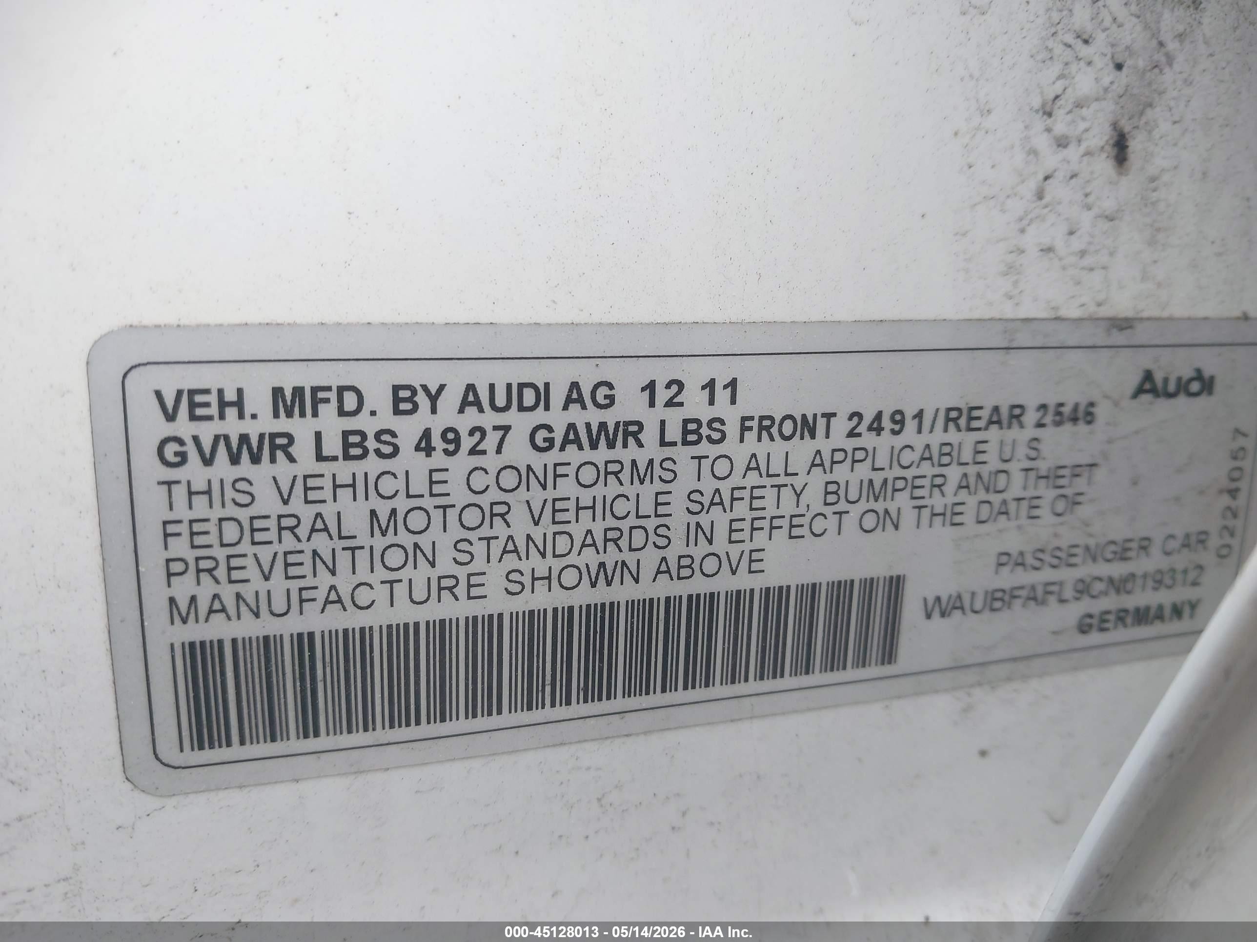2012 Audi A4 2.0t Premium White vin: WAUBFAFL9CN019312