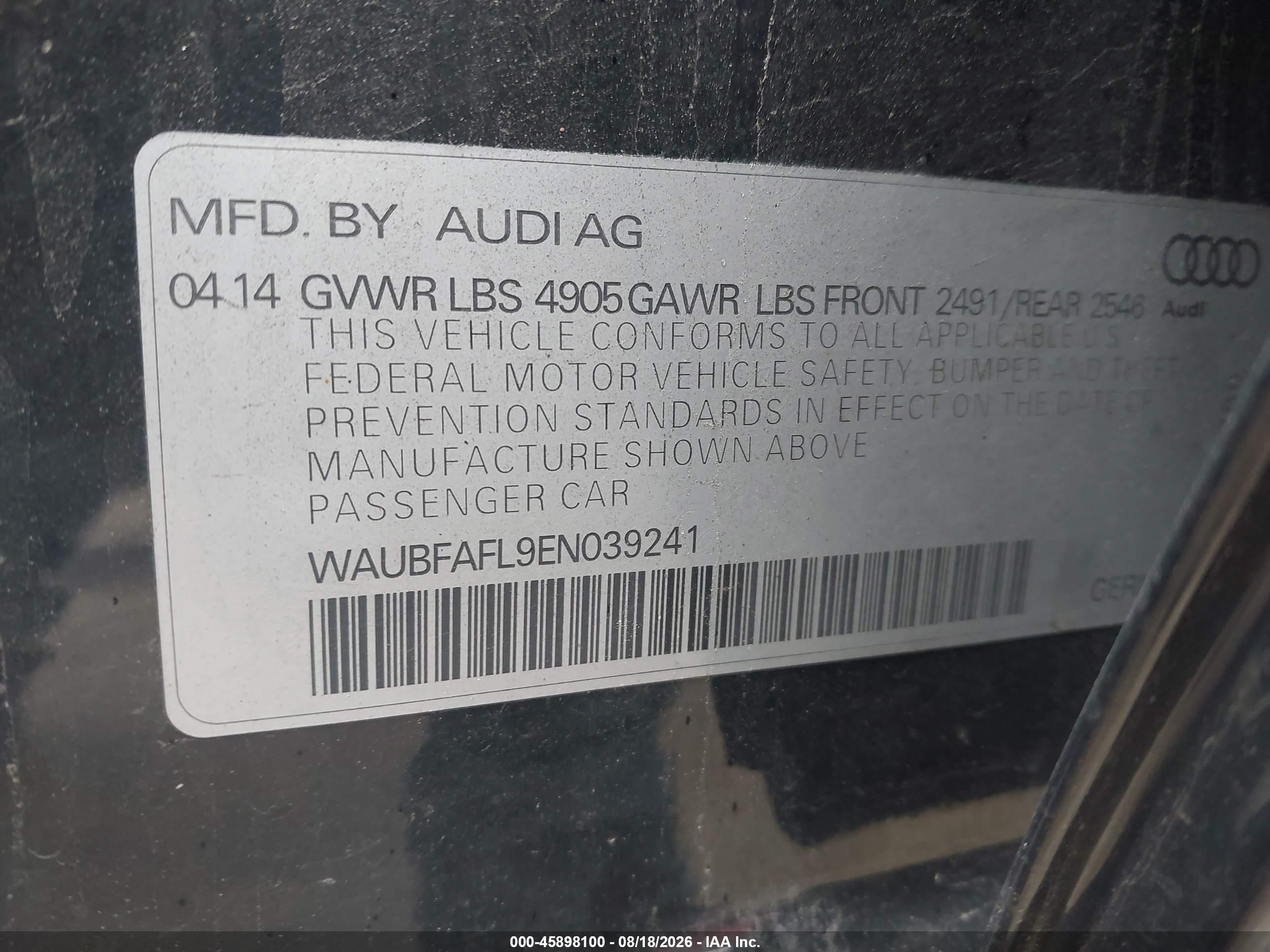 2014 Audi A4 2.0t Premium Black vin: WAUBFAFL9EN039241