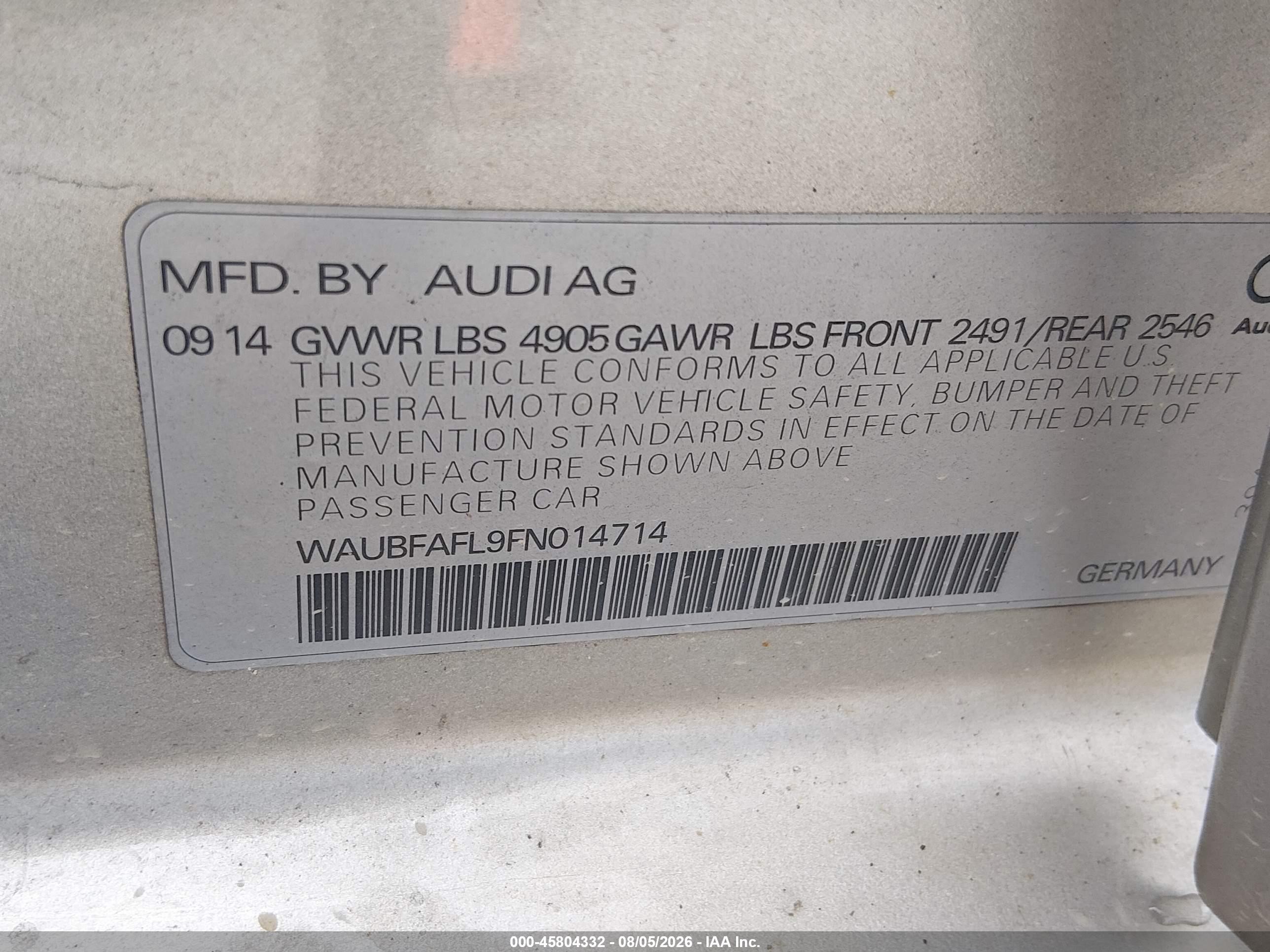 2015 Audi A4 2.0t Premium Silver vin: WAUBFAFL9FN014714