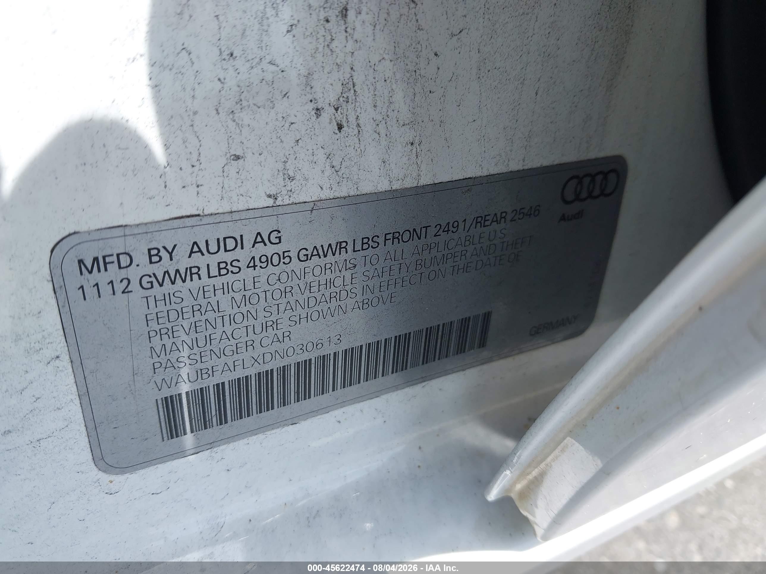 2013 Audi A4 2.0t Premium White vin: WAUBFAFLXDN030613