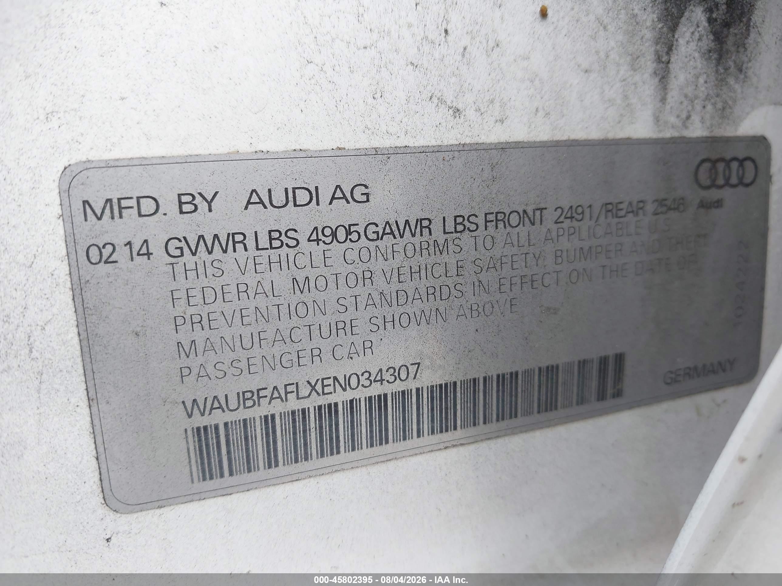 2014 Audi A4 2.0t Premium White vin: WAUBFAFLXEN034307