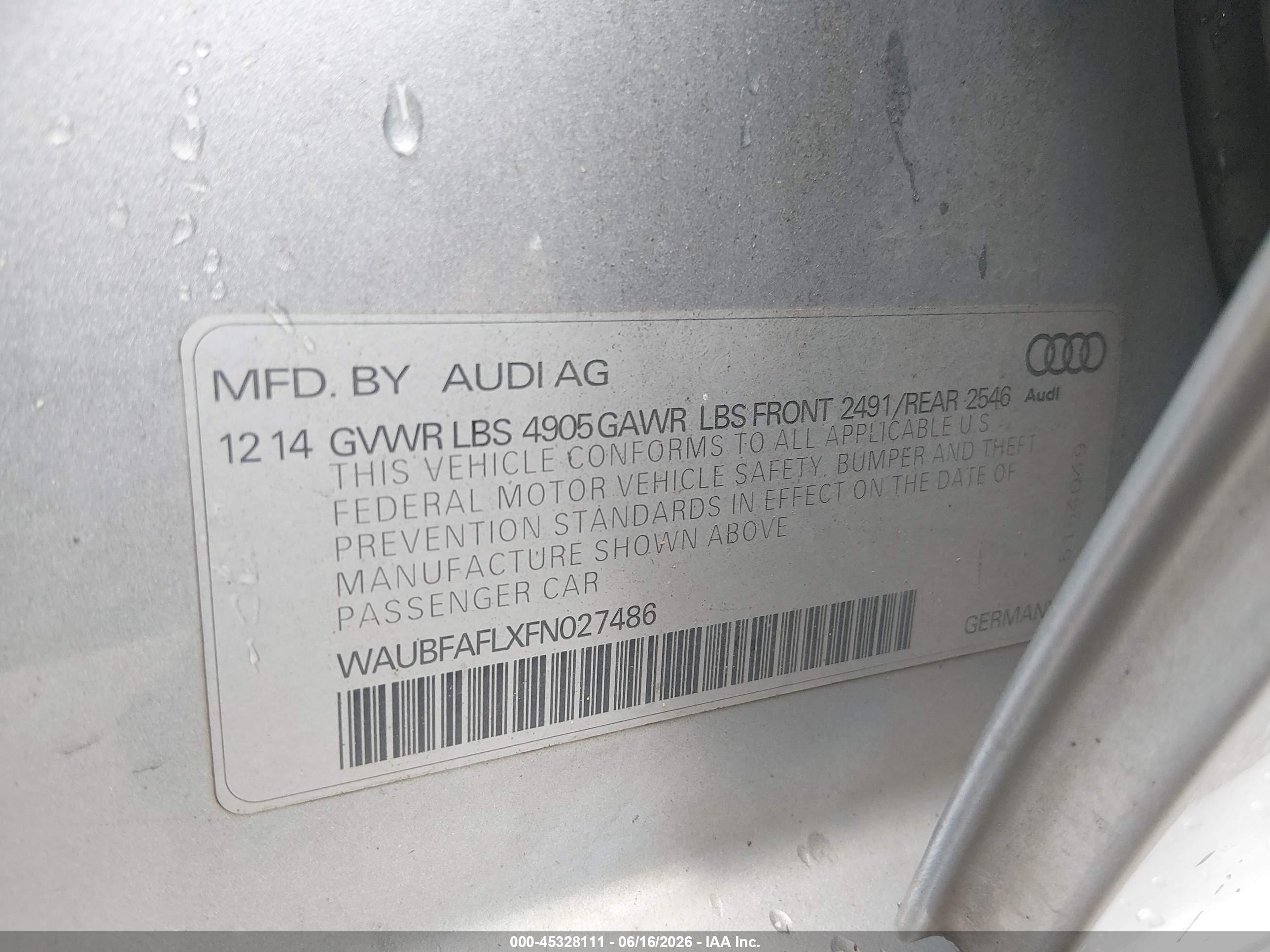 2015 Audi A4 2.0t Premium Silver vin: WAUBFAFLXFN027486