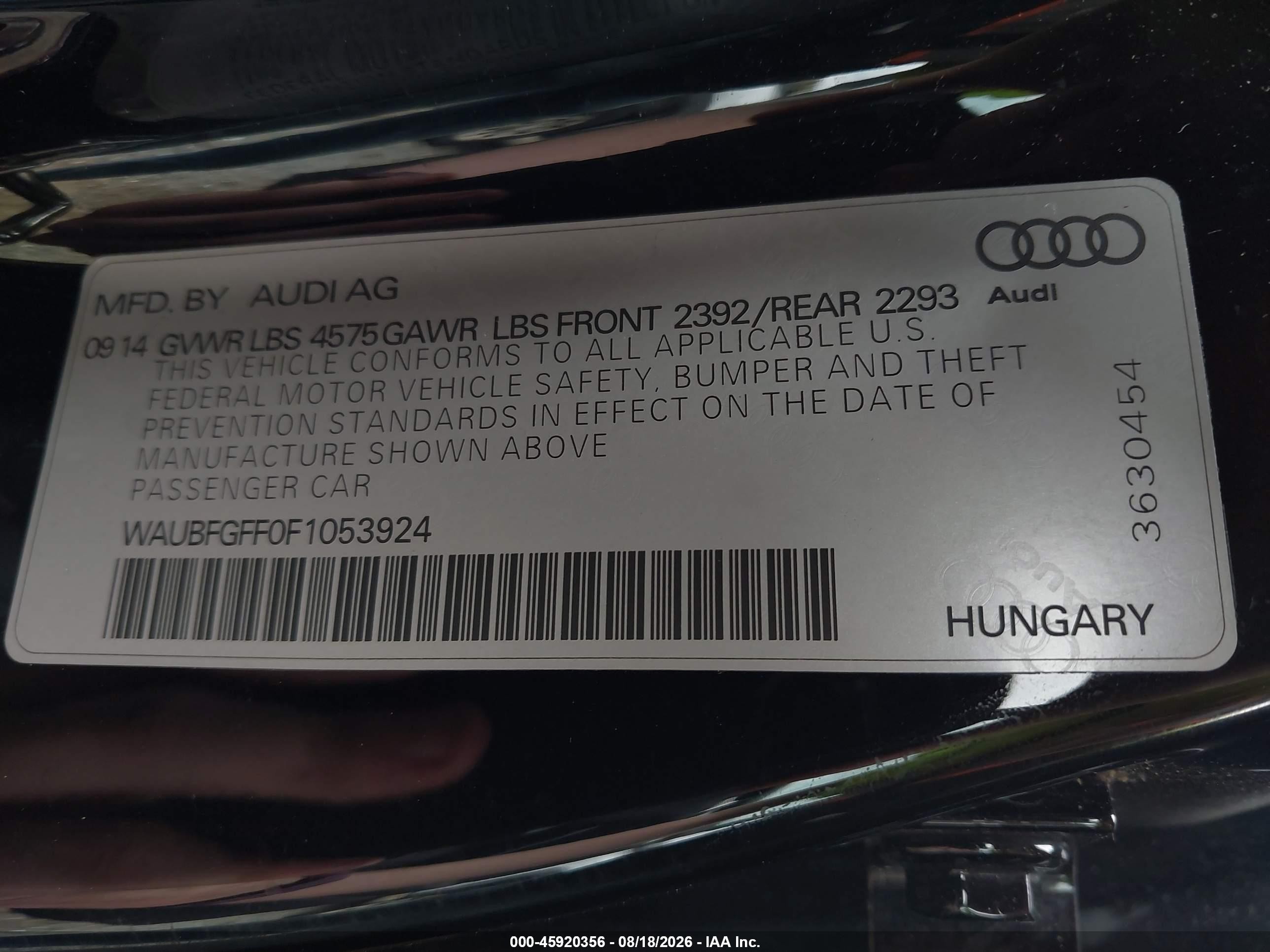 2015 Audi A3 2.0t Premium Black vin: WAUBFGFF0F1053924