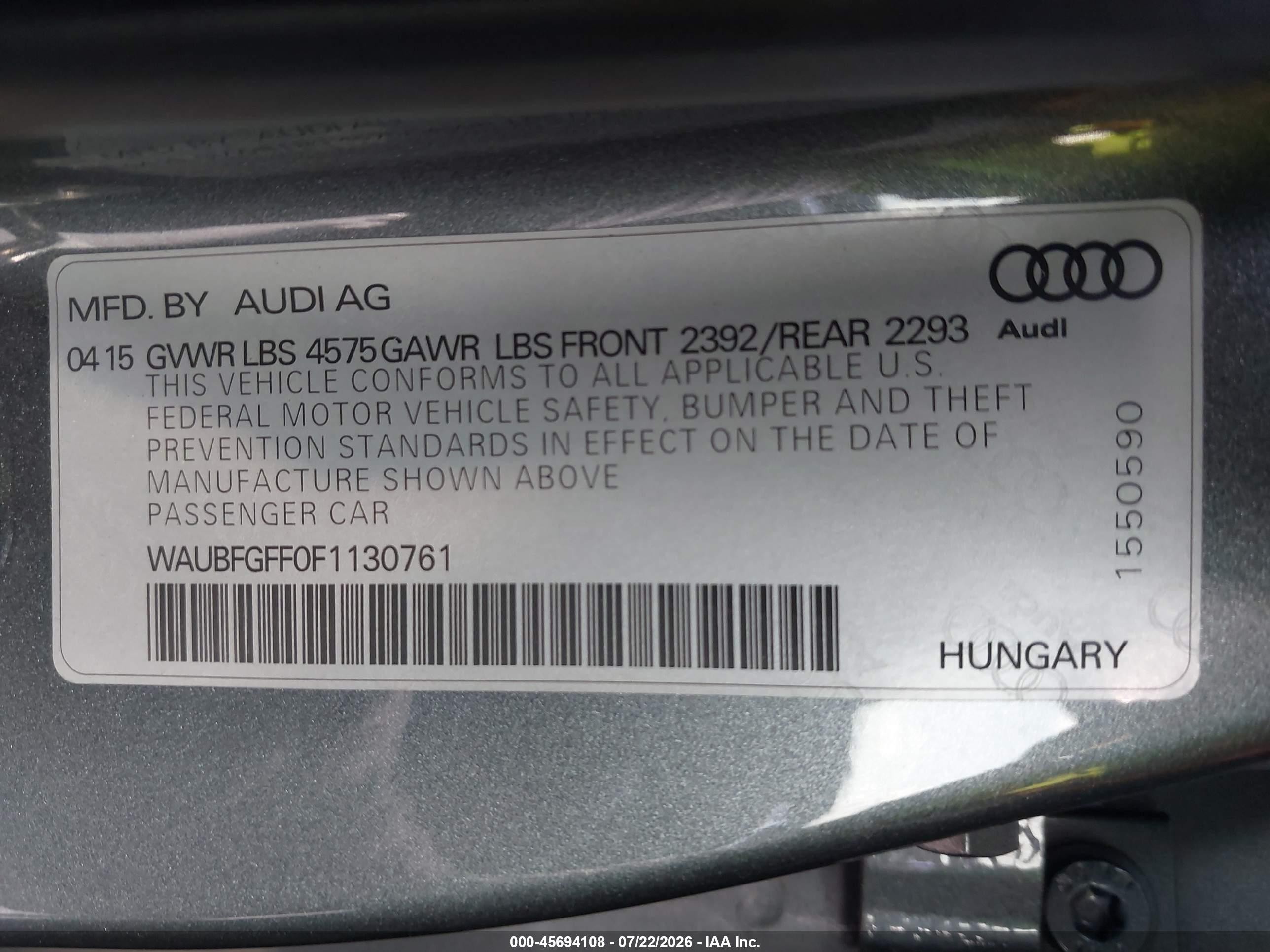 2015 Audi A3 2.0t Premium Gray vin: WAUBFGFF0F1130761