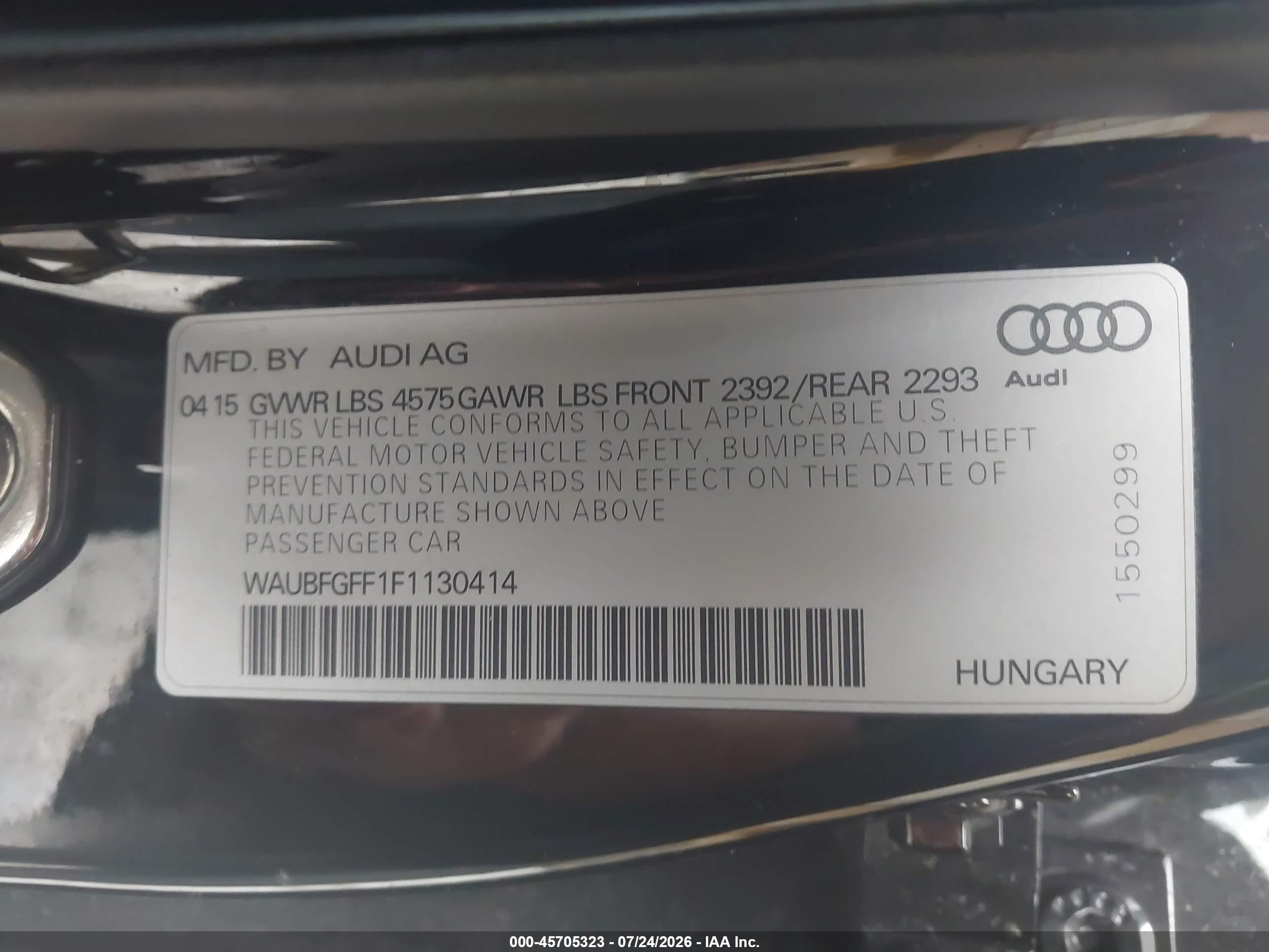 2015 Audi A3 2.0t Premium Black vin: WAUBFGFF1F1130414
