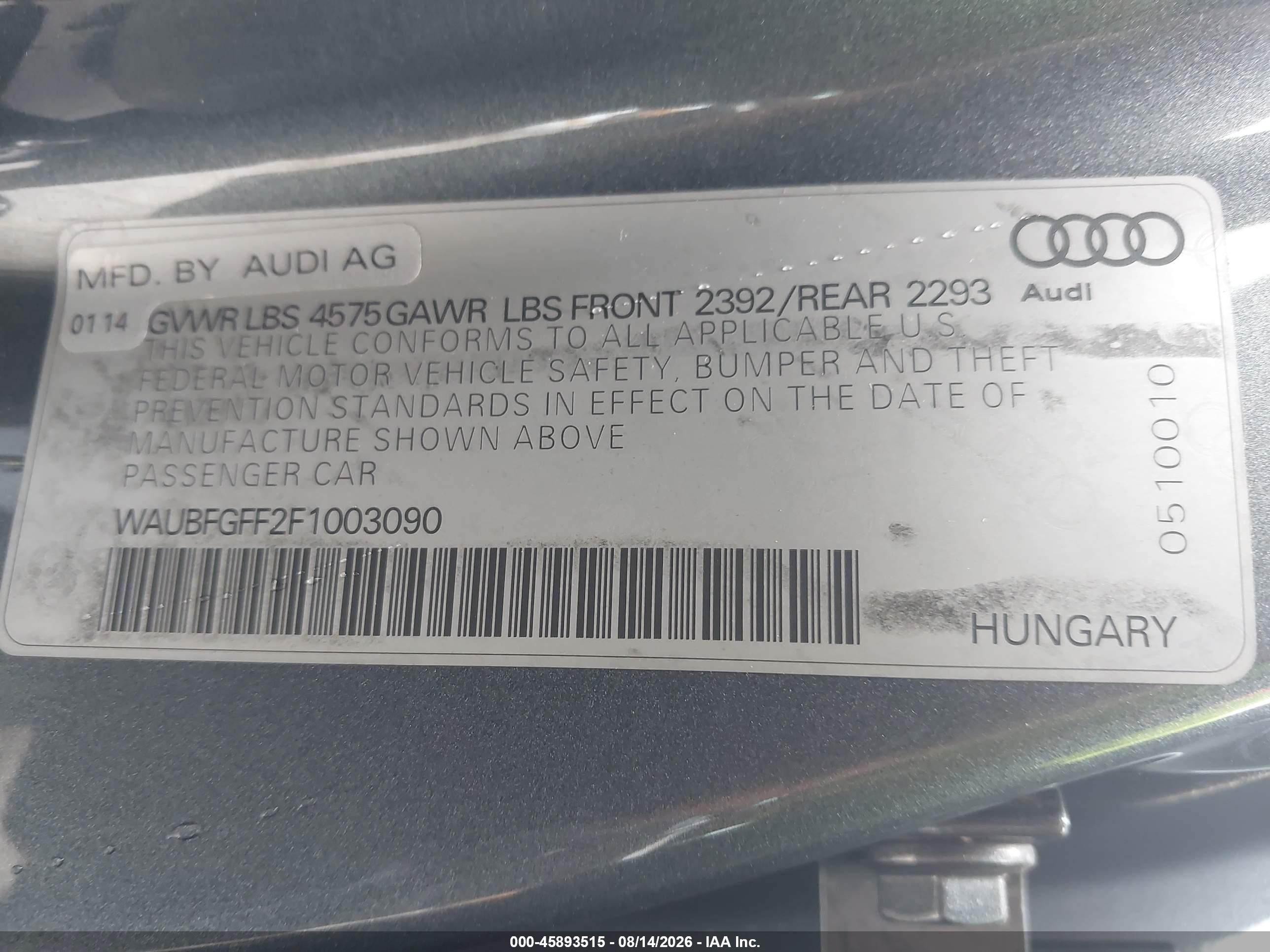 2015 Audi A3 2.0t Premium Gray vin: WAUBFGFF2F1003090