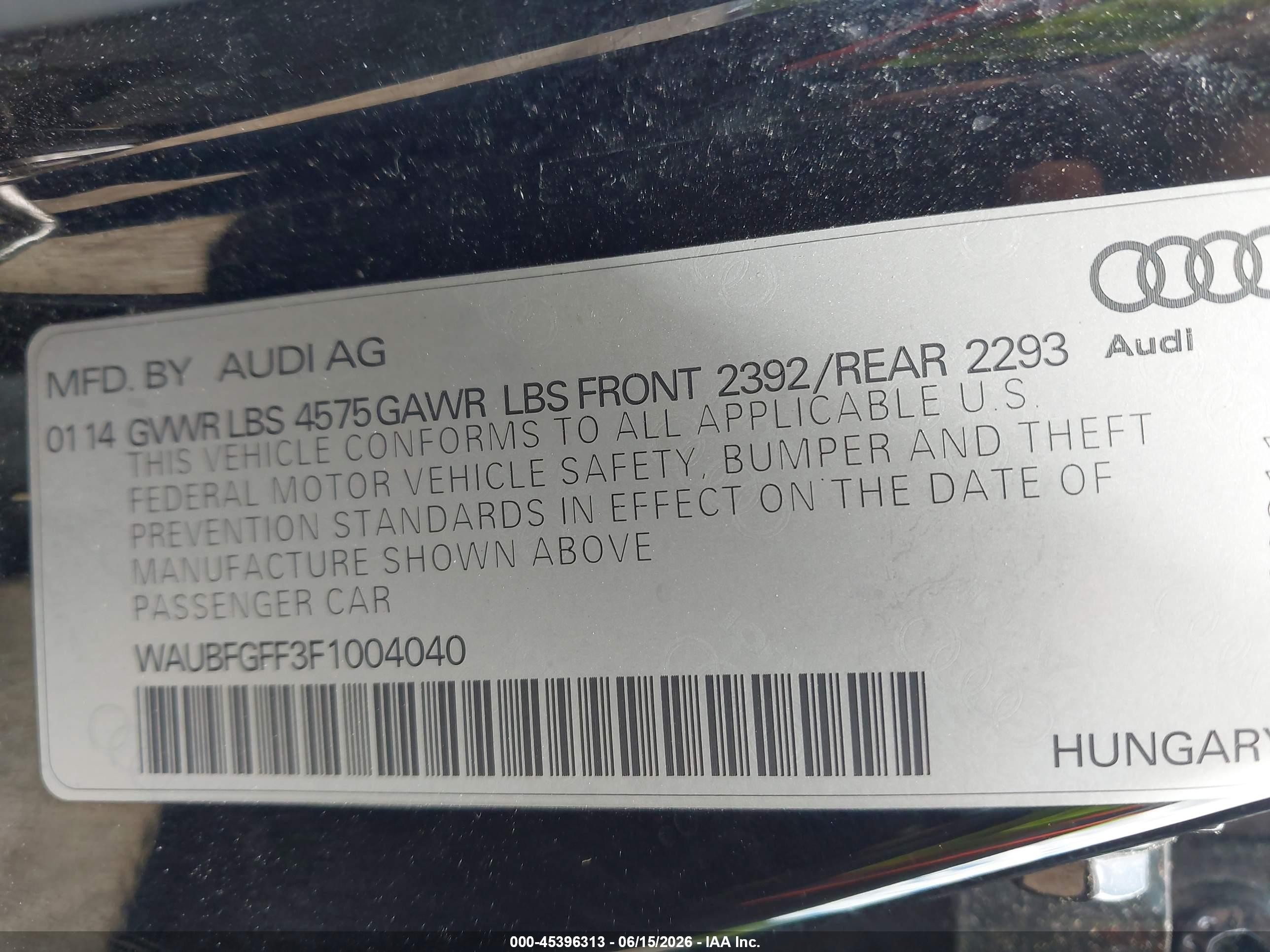 2015 Audi A3 2.0t Premium Black vin: WAUBFGFF3F1004040