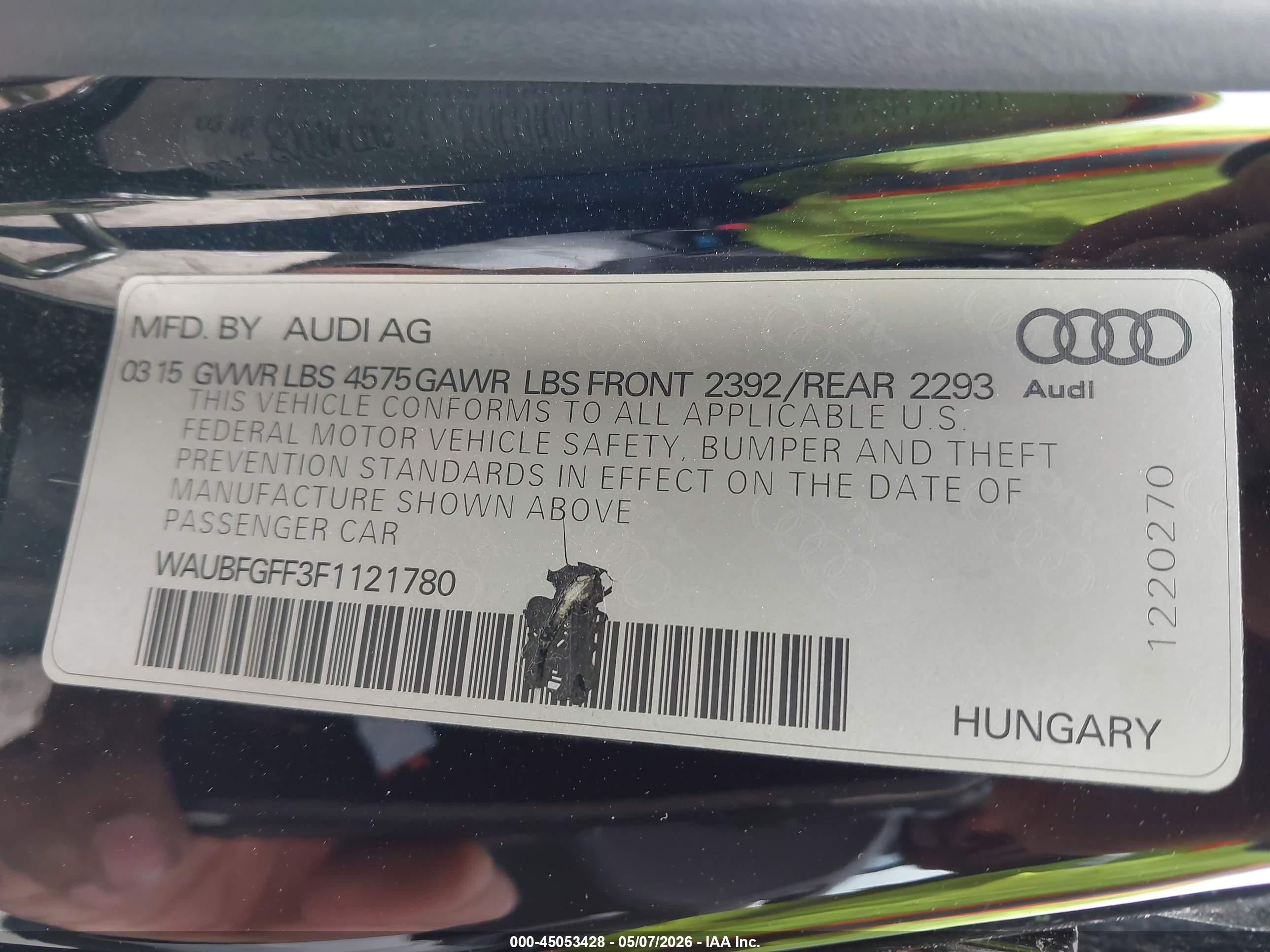 2015 Audi A3 2.0t Premium Black vin: WAUBFGFF3F1121780