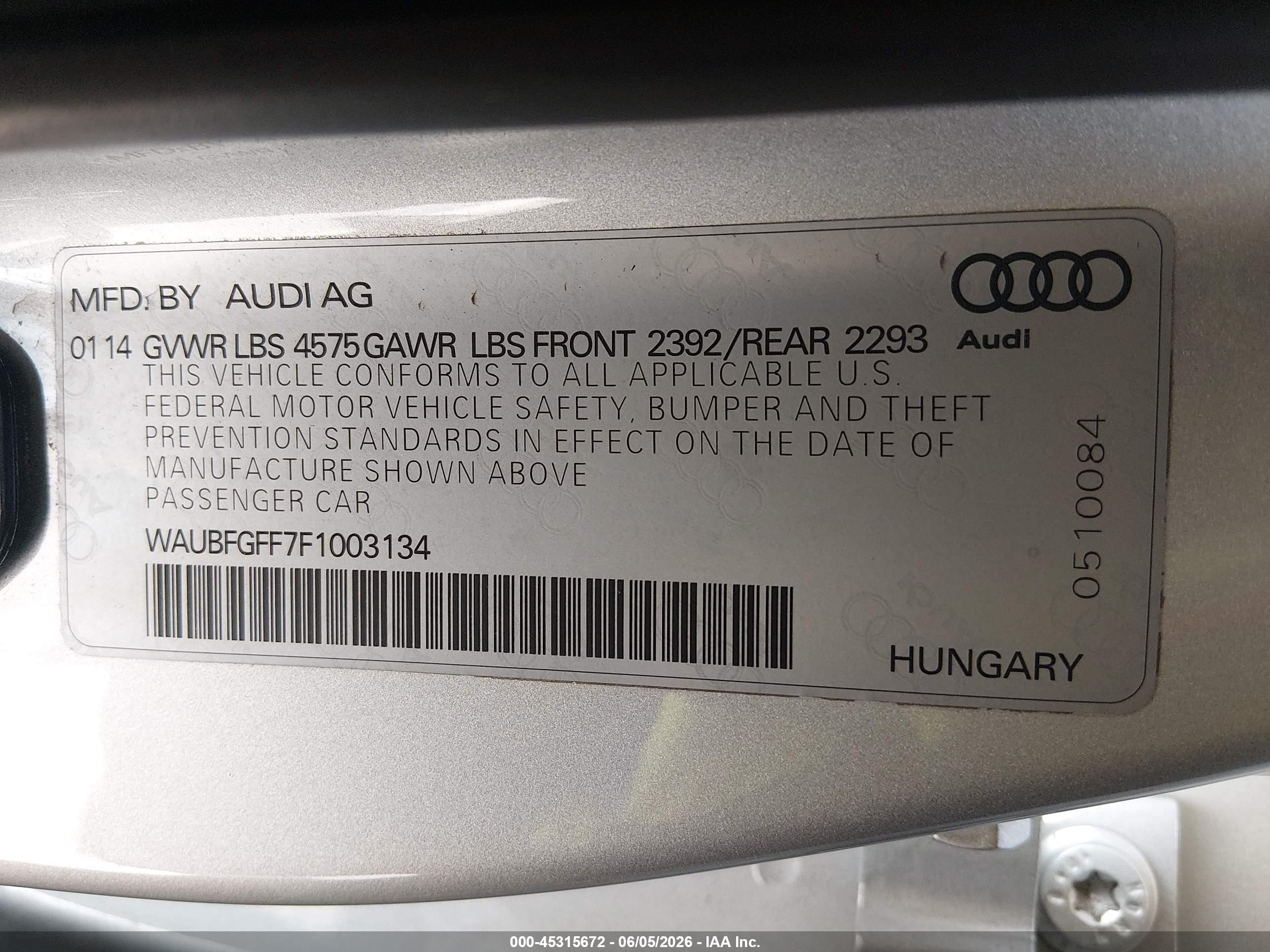 2015 Audi A3 2.0t Premium Silver vin: WAUBFGFF7F1003134