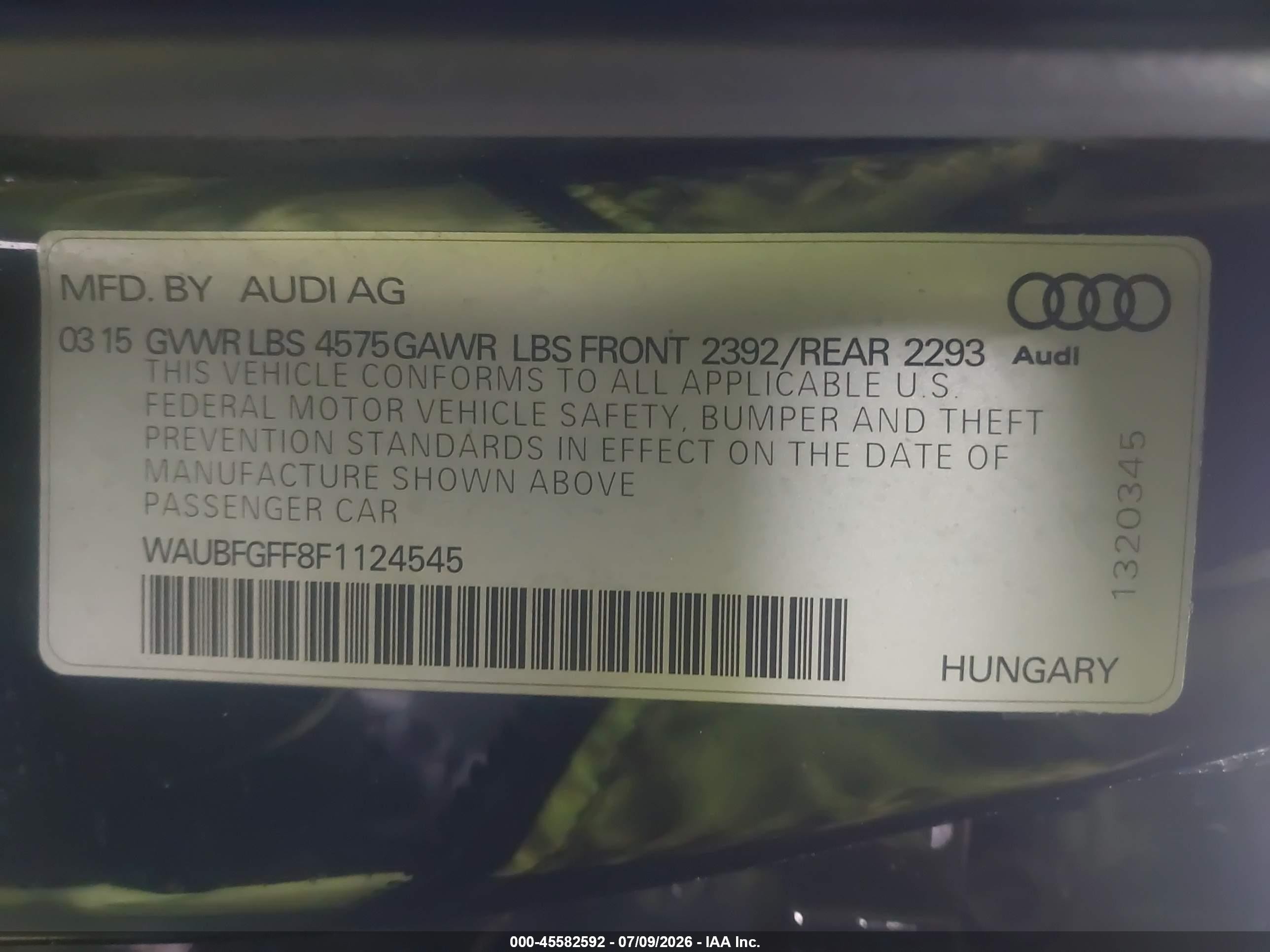 2015 Audi A3 2.0t Premium Черный vin: WAUBFGFF8F1124545