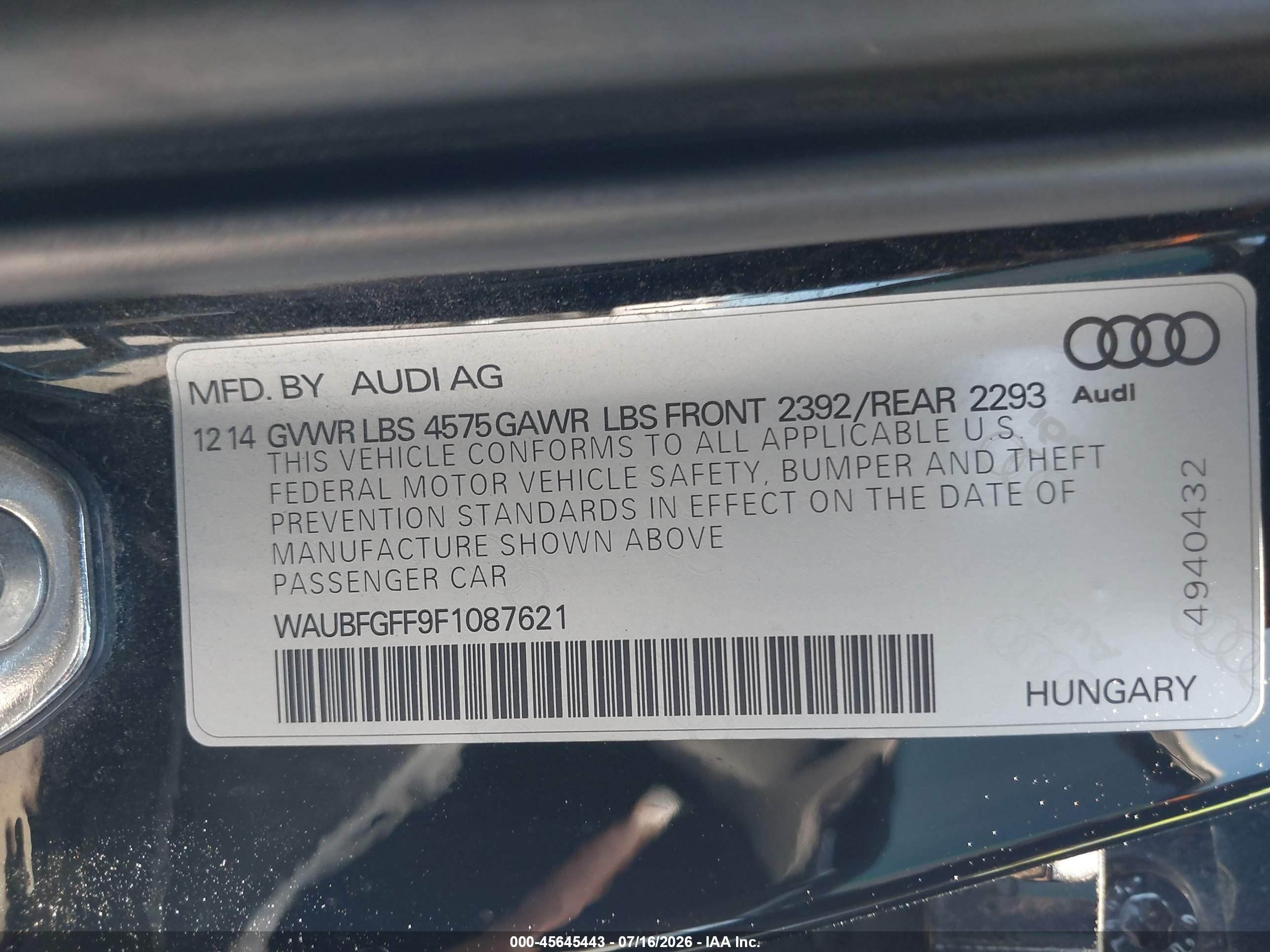 2015 Audi A3 2.0t Premium Black vin: WAUBFGFF9F1087621