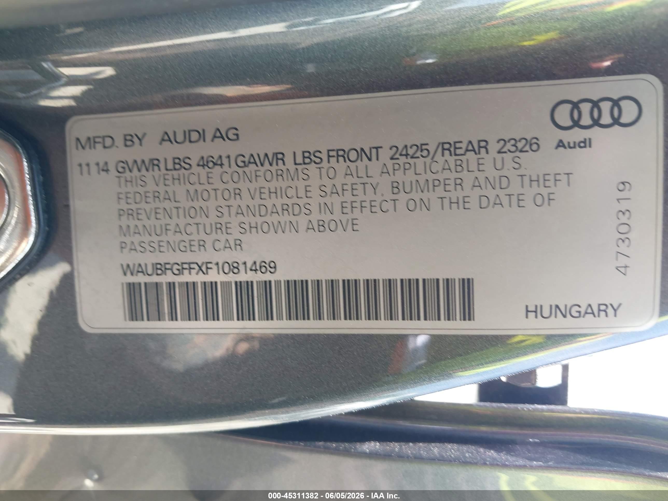 2015 Audi S3 2.0t Premium Plus Gray vin: WAUBFGFFXF1081469